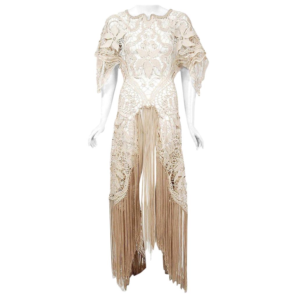 Vintage 1970's Couture Beige Lace Winged Sleeve Bias-Cut Fringe Bridal Gown