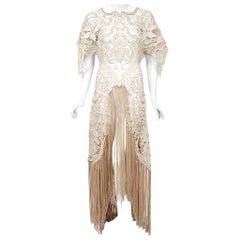 Vintage 1970's Couture Beige Lace Winged Sleeve Bias-Cut Fringe Bridal ...