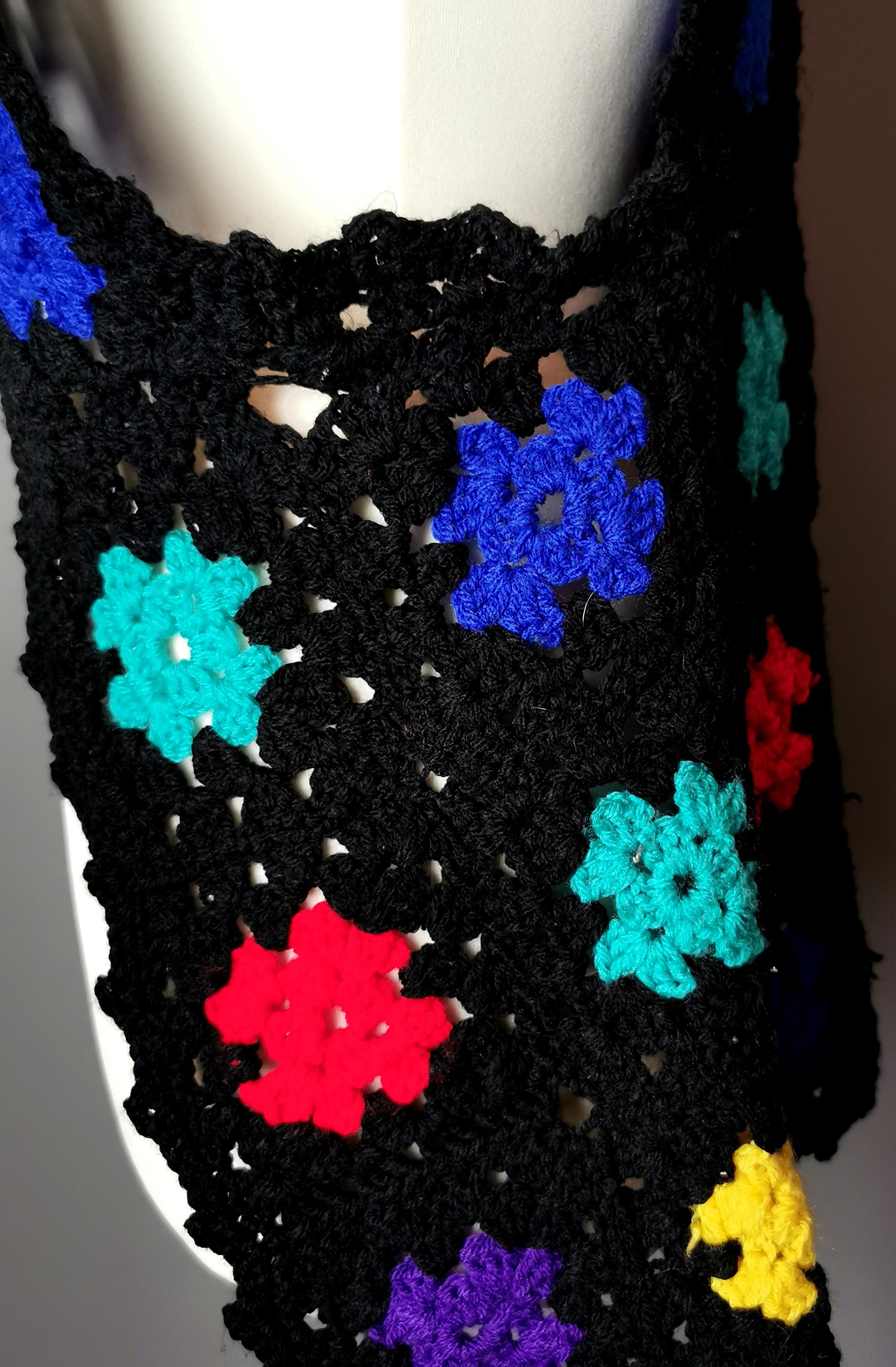 Black Vintage 1970s crochet waistcoat, vest, Colour pop