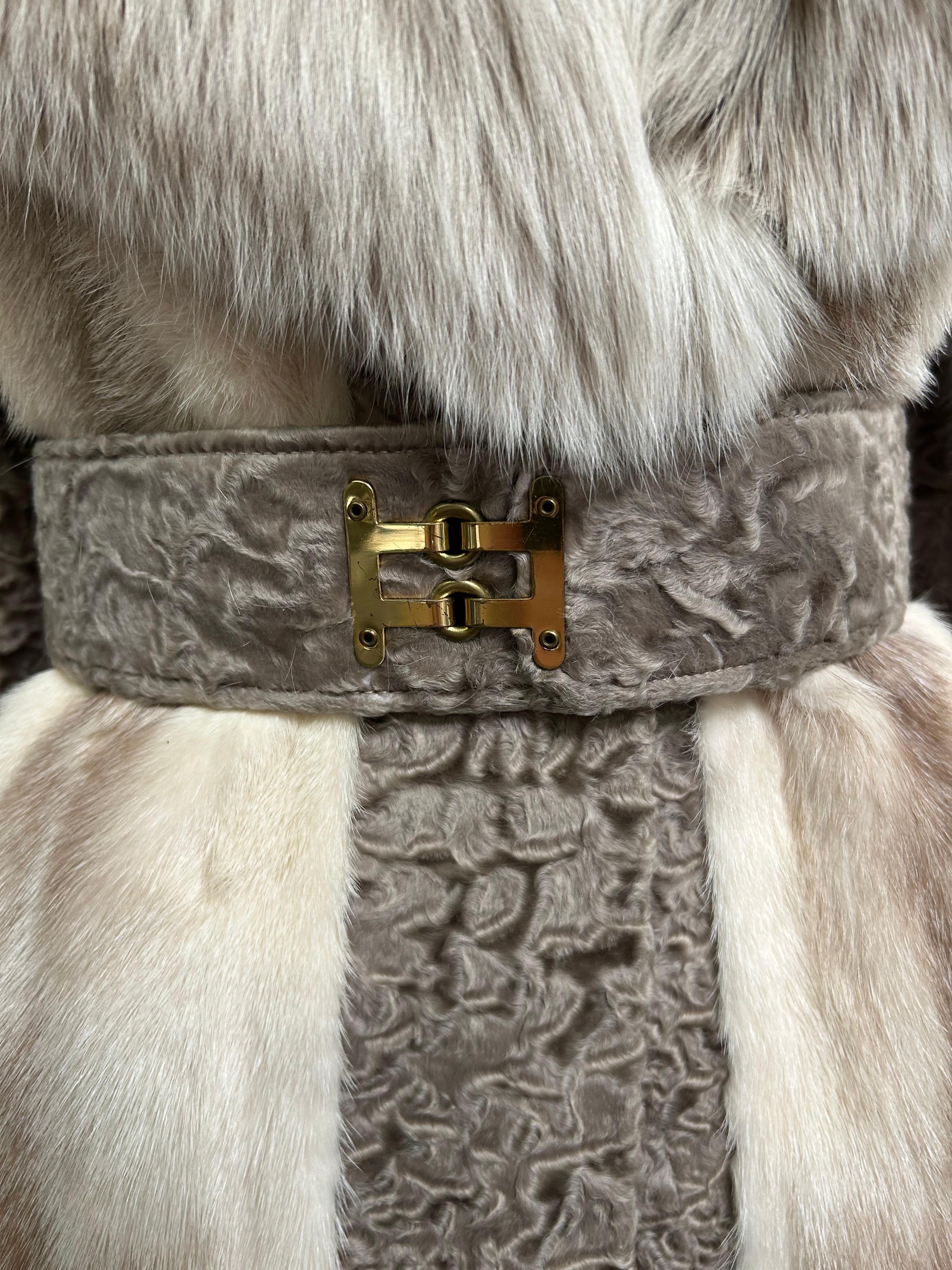 Gray Vintage 1970s Cross Mink, Broadtail Lamb + Fox Fur Coat