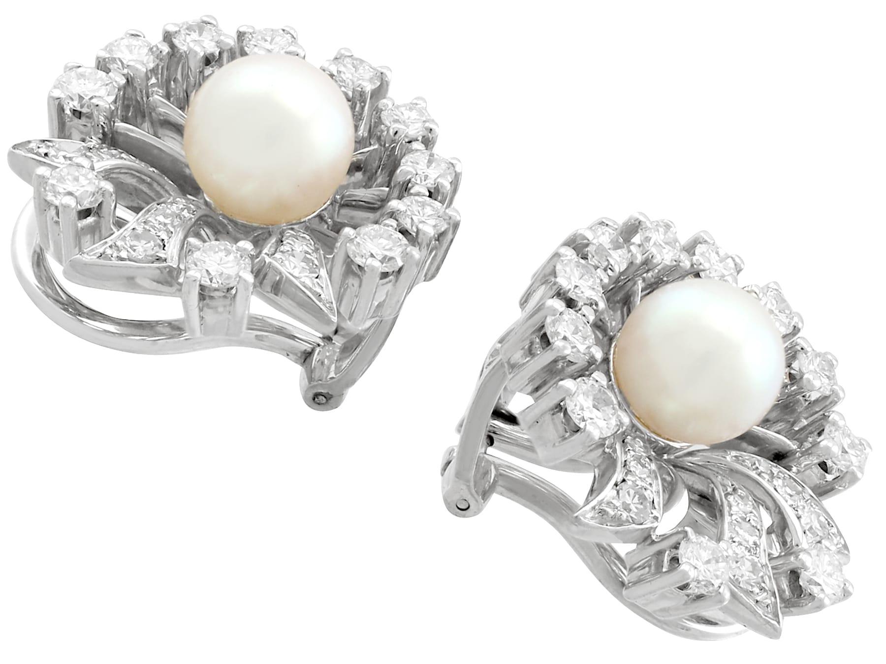 A stunning pair of cultured pearl and 1.22 carat diamond, 18 karat white gold clip on earrings; part of our diverse vintage jewelry and estate jewelry collections

These stunning, fine and impressive vintage clip one pearl earrings have been crafted