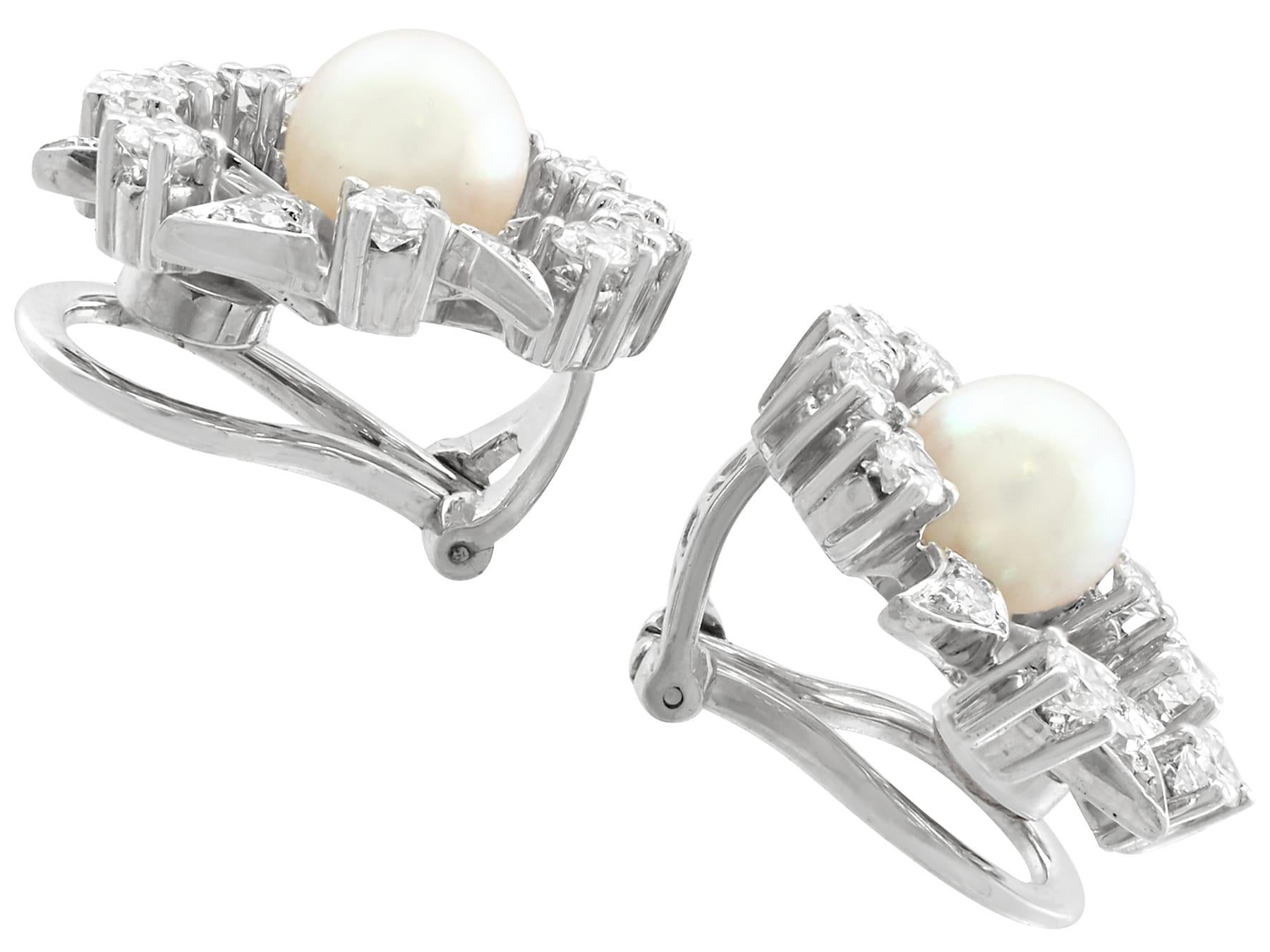 Retro Vintage 1970s Cultured Pearl and 1.22 Carat Diamond White Gold Clip-On Earrings