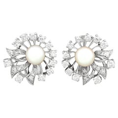 Vintage 1970s Cultured Pearl and 1.22 Carat Diamond White Gold Clip-On Earrings