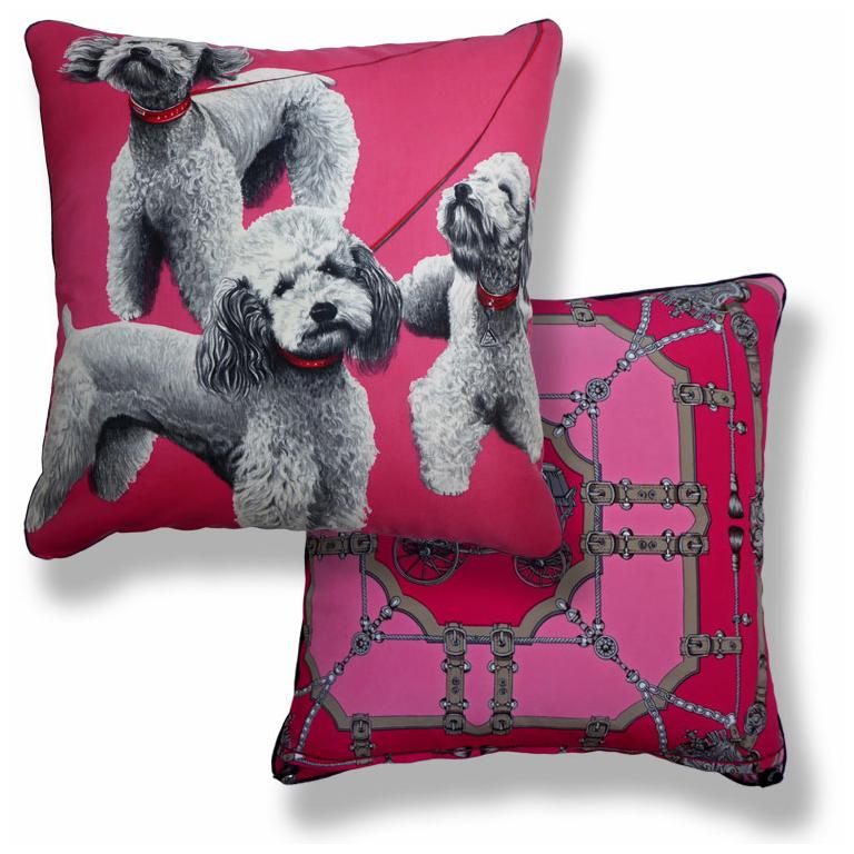 Organic Modern Vintage 1970s Cushions 'Pink Poodles' Bespoke Made Silk Pillow Made in London