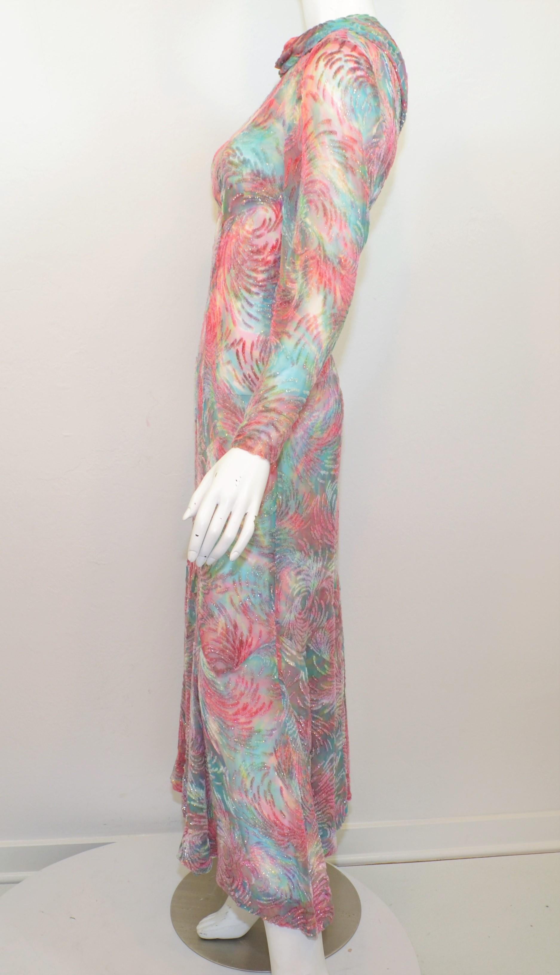 Vintage 1970's Cut Velvet Sheer Chiffon Gown In Excellent Condition In Carmel, CA