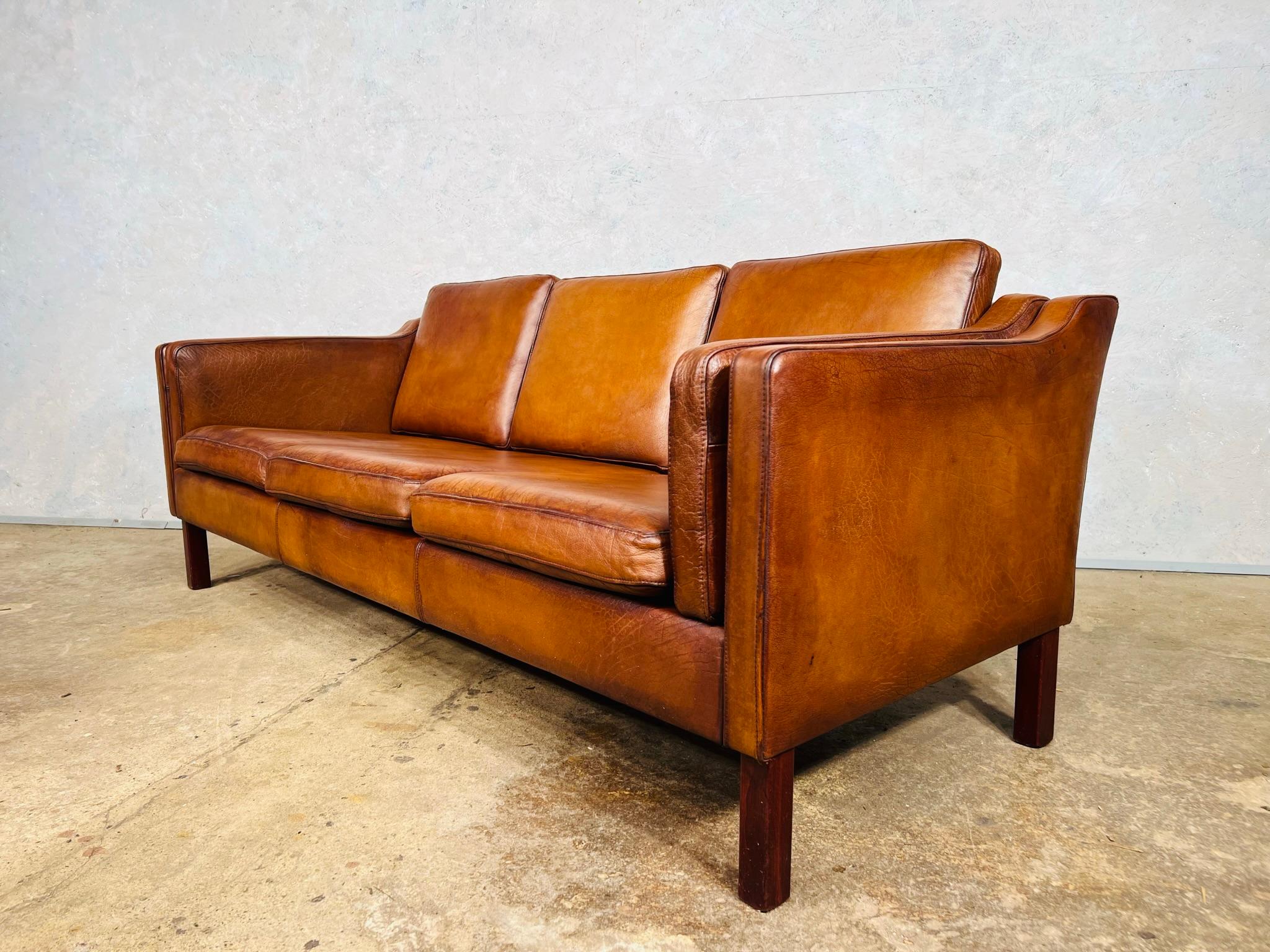 Vintage 1970s Danish Vemb Mobelfabrik 3 Seater Tan Leather Sofa #721 7