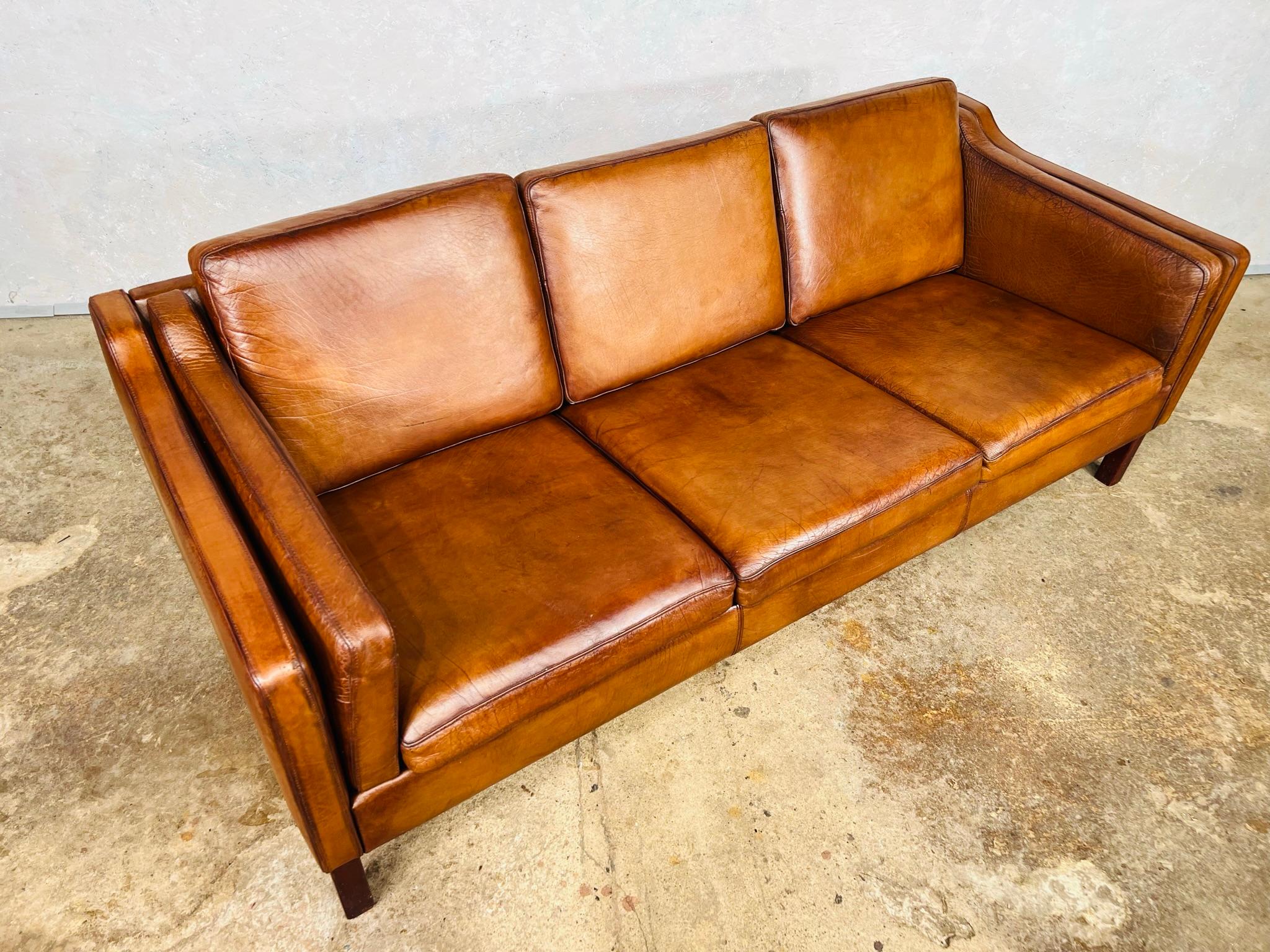 Vintage 1970s Danish Vemb Mobelfabrik 3 Seater Tan Leather Sofa #721 8