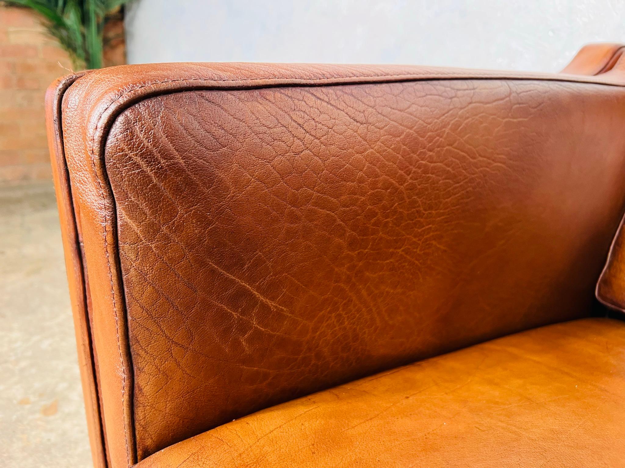 Vintage 1970s Danish Vemb Mobelfabrik 3 Seater Tan Leather Sofa #721 1