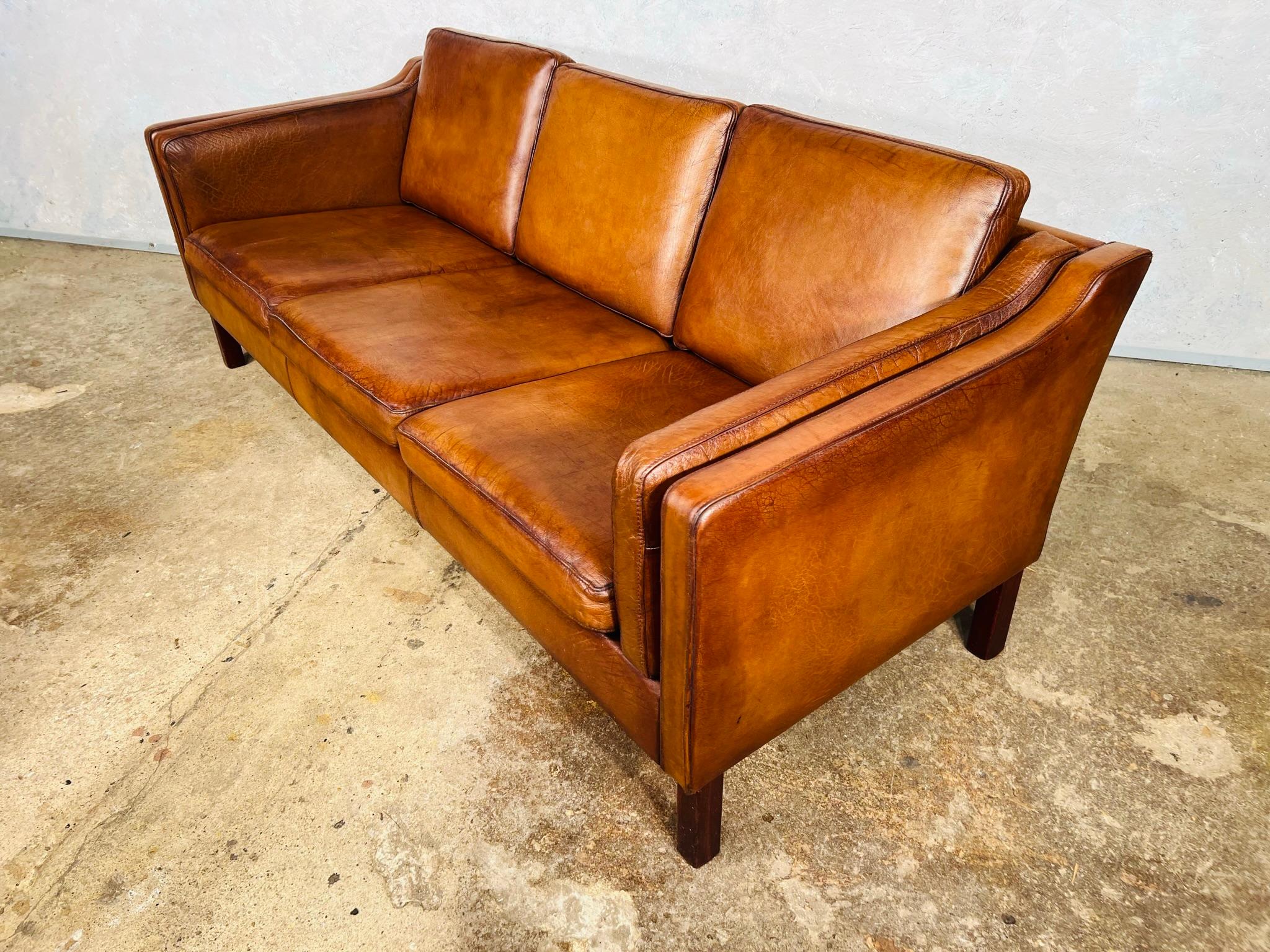Vintage 1970s Danish Vemb Mobelfabrik 3 Seater Tan Leather Sofa #721 3