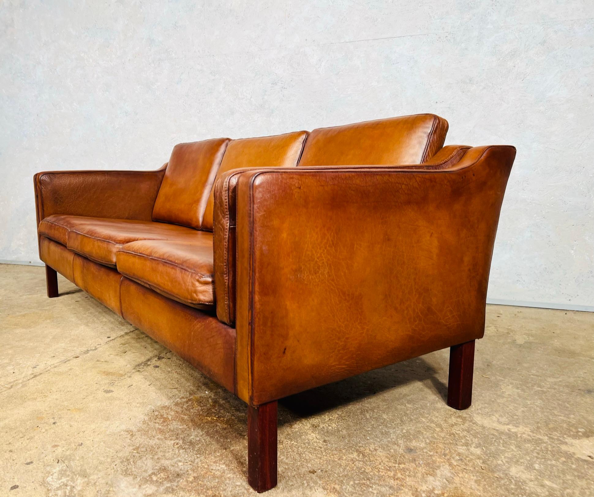 Vintage 1970s Danish Vemb Mobelfabrik 3 Seater Tan Leather Sofa #721 4