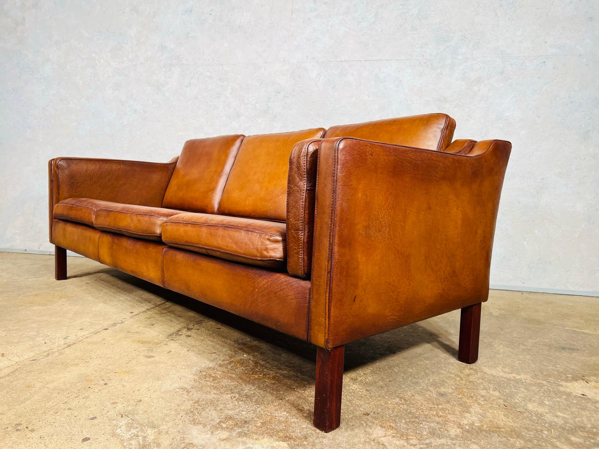 Vintage 1970s Danish Vemb Mobelfabrik 3 Seater Tan Leather Sofa #721 5
