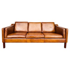 Vintage 1970s Danish Vemb Mobelfabrik 3 Seater Tan Leather Sofa #721