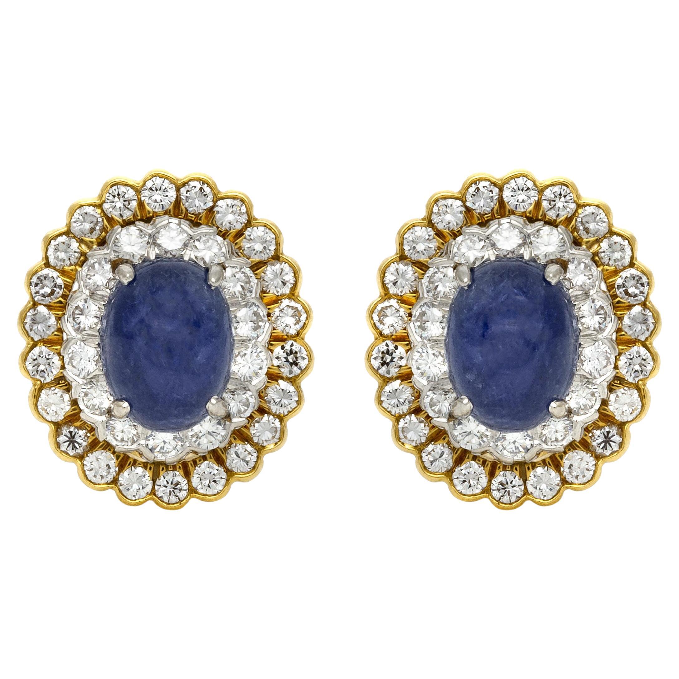 Vintage 1970s David Webb 10.00 Carat Cabochon Sapphire Earrings with Diamonds