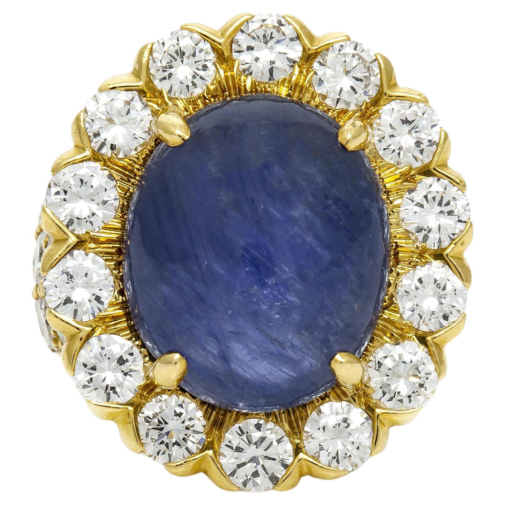 Vintage 1970s David Webb 10.00 Carat Cabochon Sapphire Ring with Diamonds