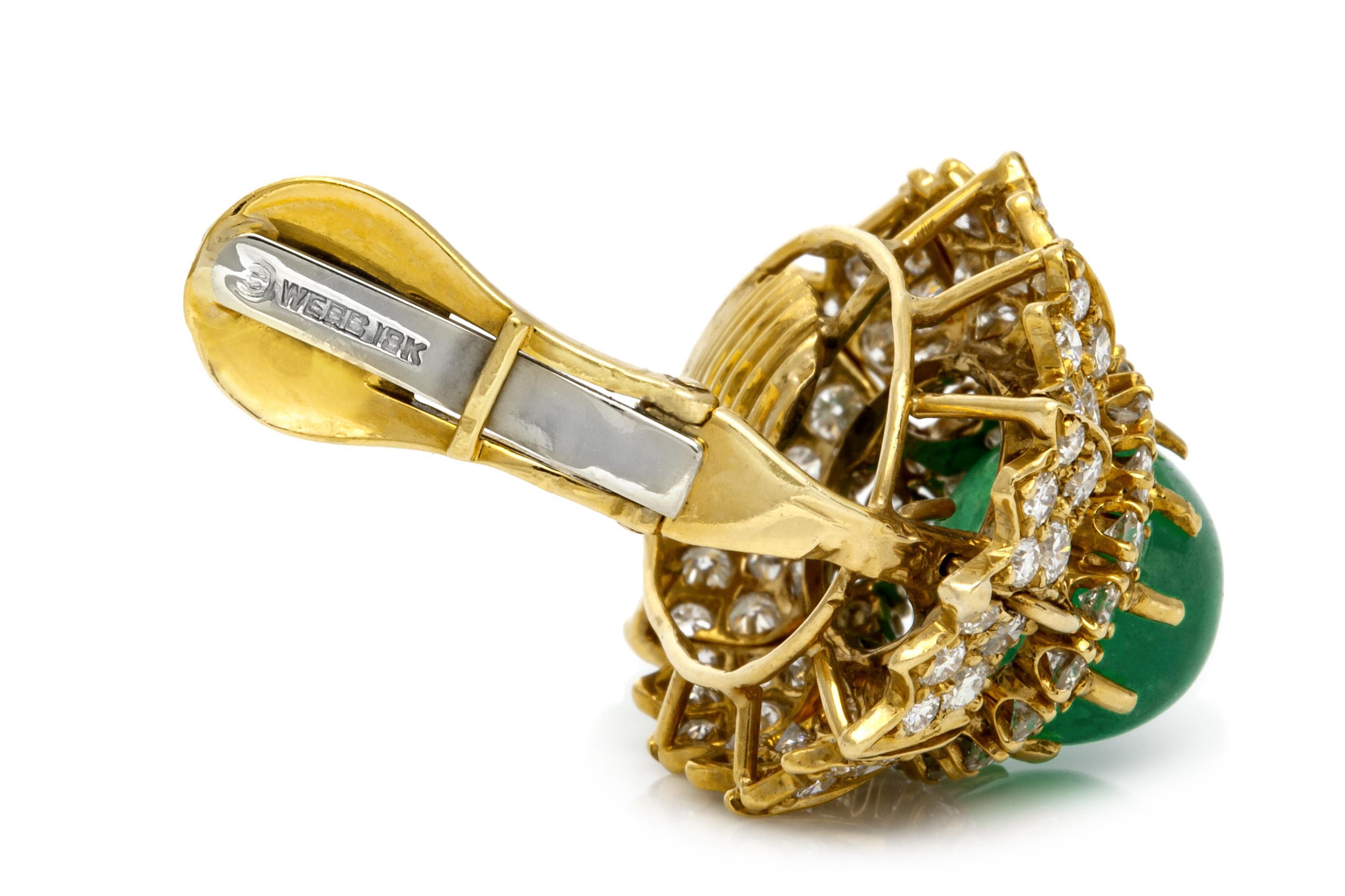 Vintage 1970s David Webb Cabochon Emerald and Diamond Earrings In Good Condition For Sale In New York, NY