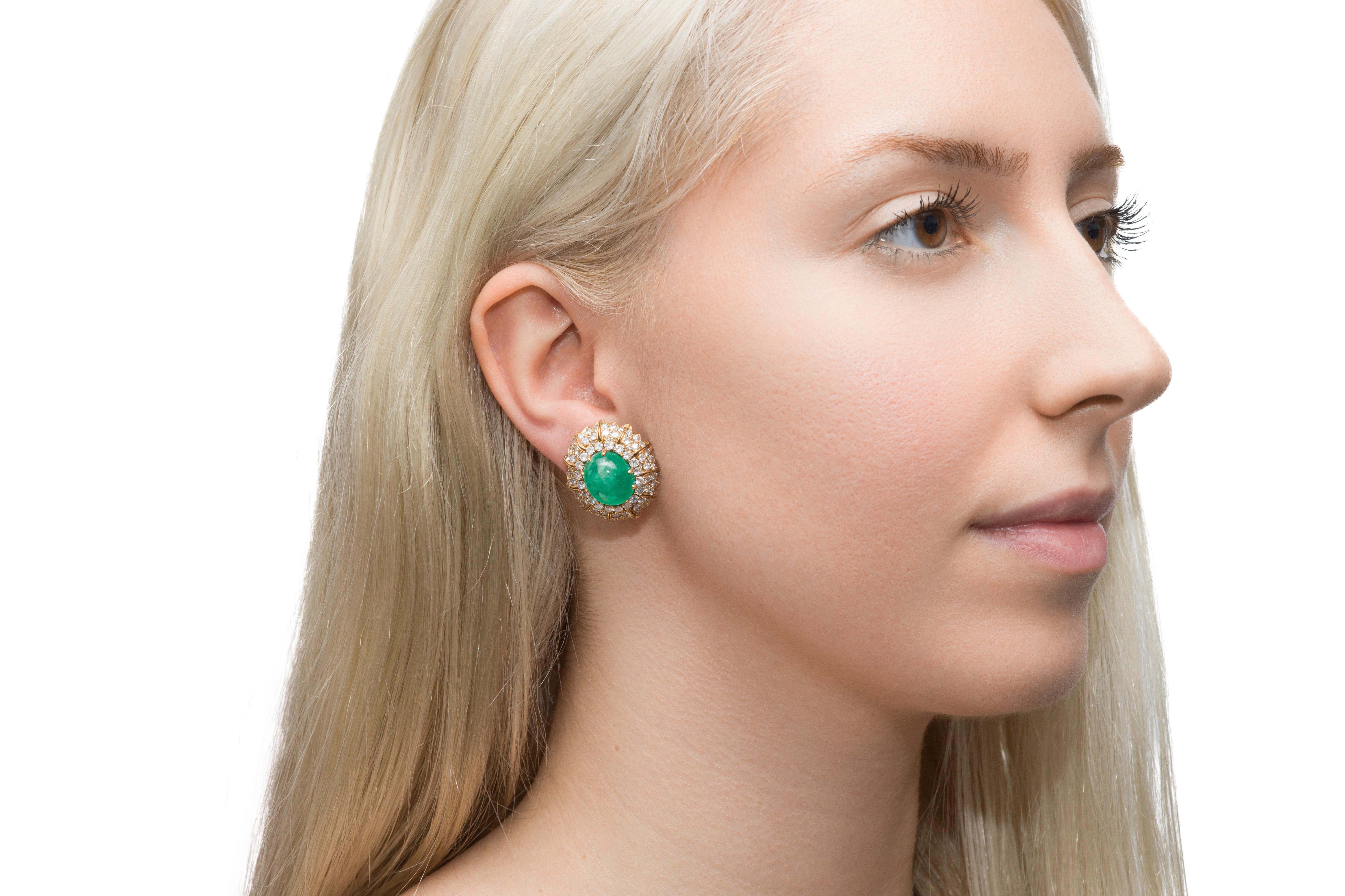 Women's Vintage 1970s David Webb Cabochon Emerald and Diamond Earrings For Sale