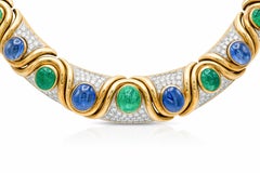 Vintage 1970s David Webb Cabochon Emerald and Sapphire Necklace with Diamonds