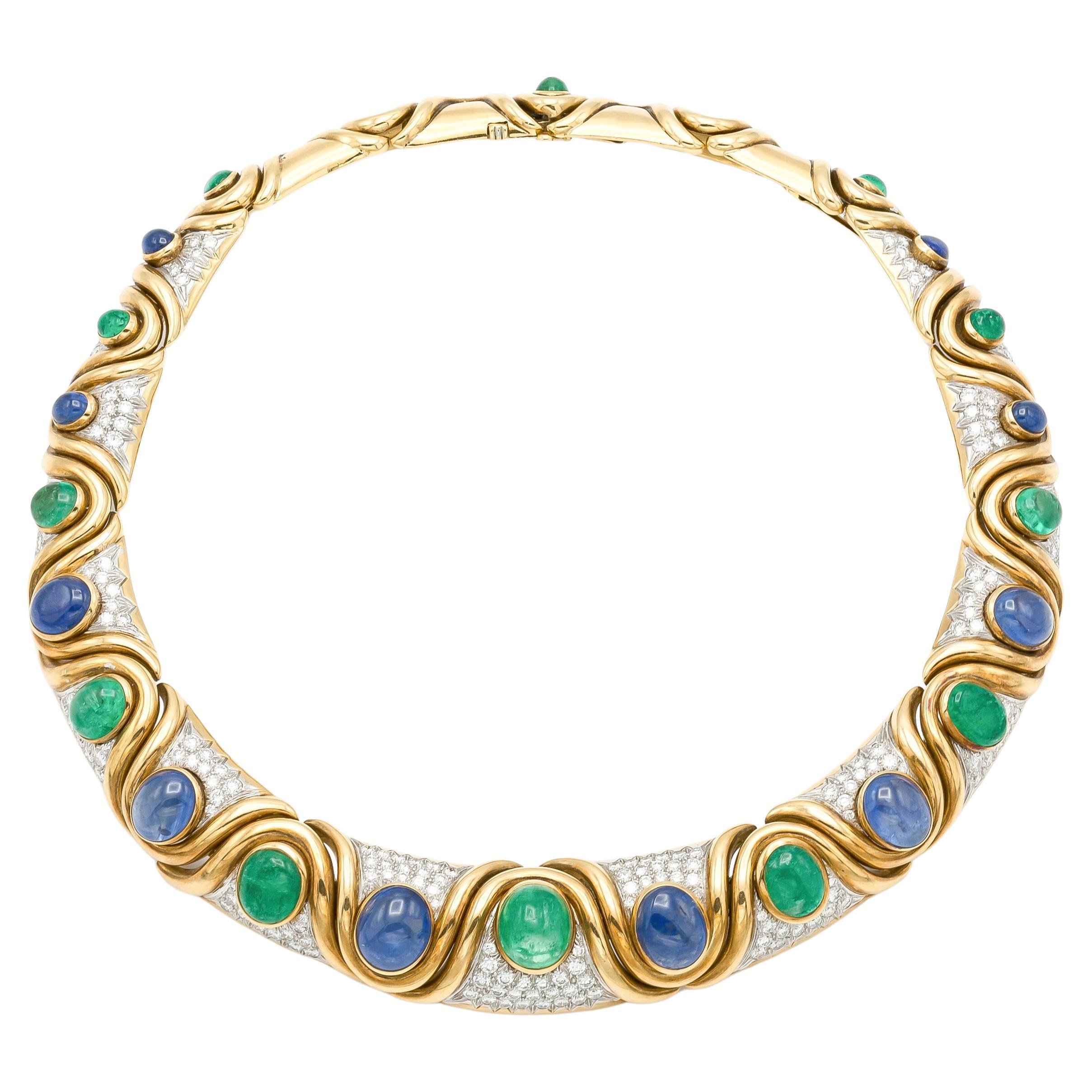 Vintage 1970s David Webb Cabochon Emerald and Sapphire Necklace with Diamonds For Sale