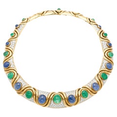 David Webb, collier vintage des années 1970, cabochon d'émeraude et saphir avec diamants