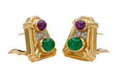 Vintage 1970s David Webb Cabochon Ruby and Emerald Earrings with Diamonds
