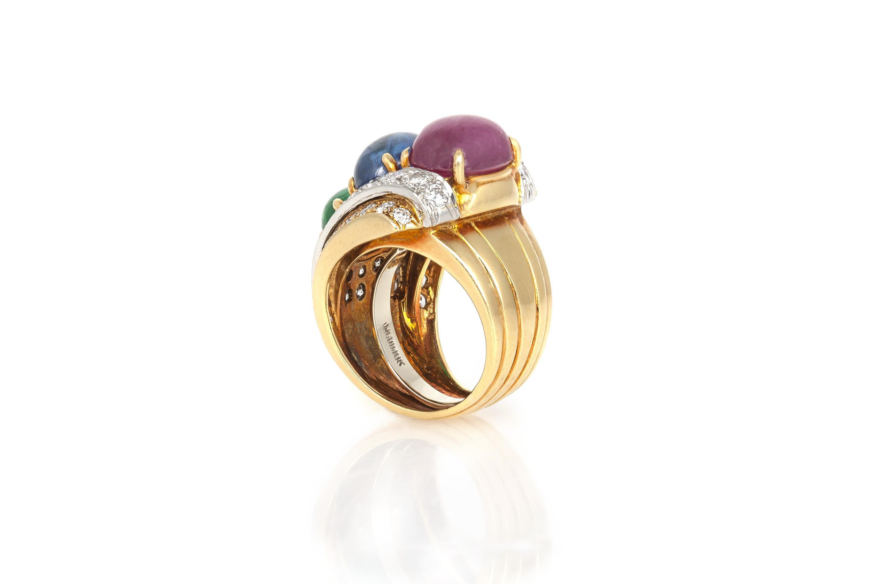 Vintage 1970er Jahre David Webb Cabochon Rubin Saphir und Smaragd Ring Damen im Angebot