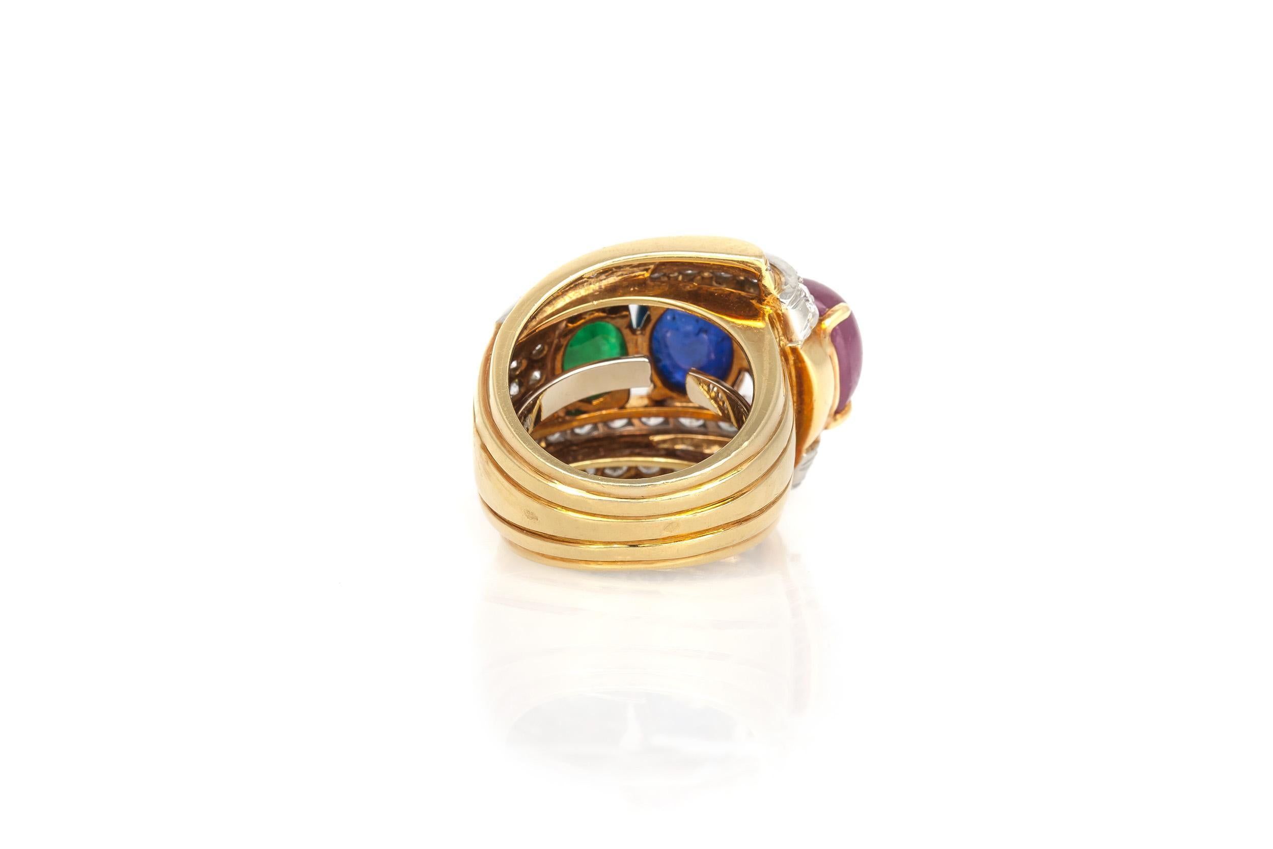 Vintage 1970er Jahre David Webb Cabochon Rubin Saphir und Smaragd Ring im Angebot 1