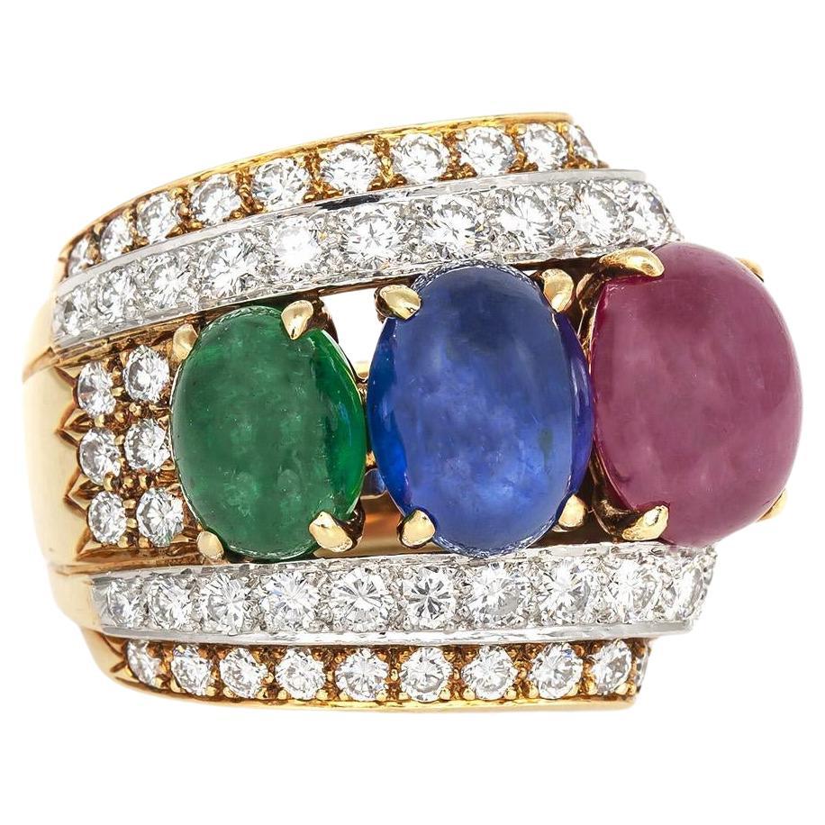 Vintage 1970s David Webb Cabochon Ruby Sapphire and Emerald Ring