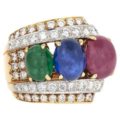 Vintage 1970er Jahre David Webb Cabochon Rubin Saphir und Smaragd Ring