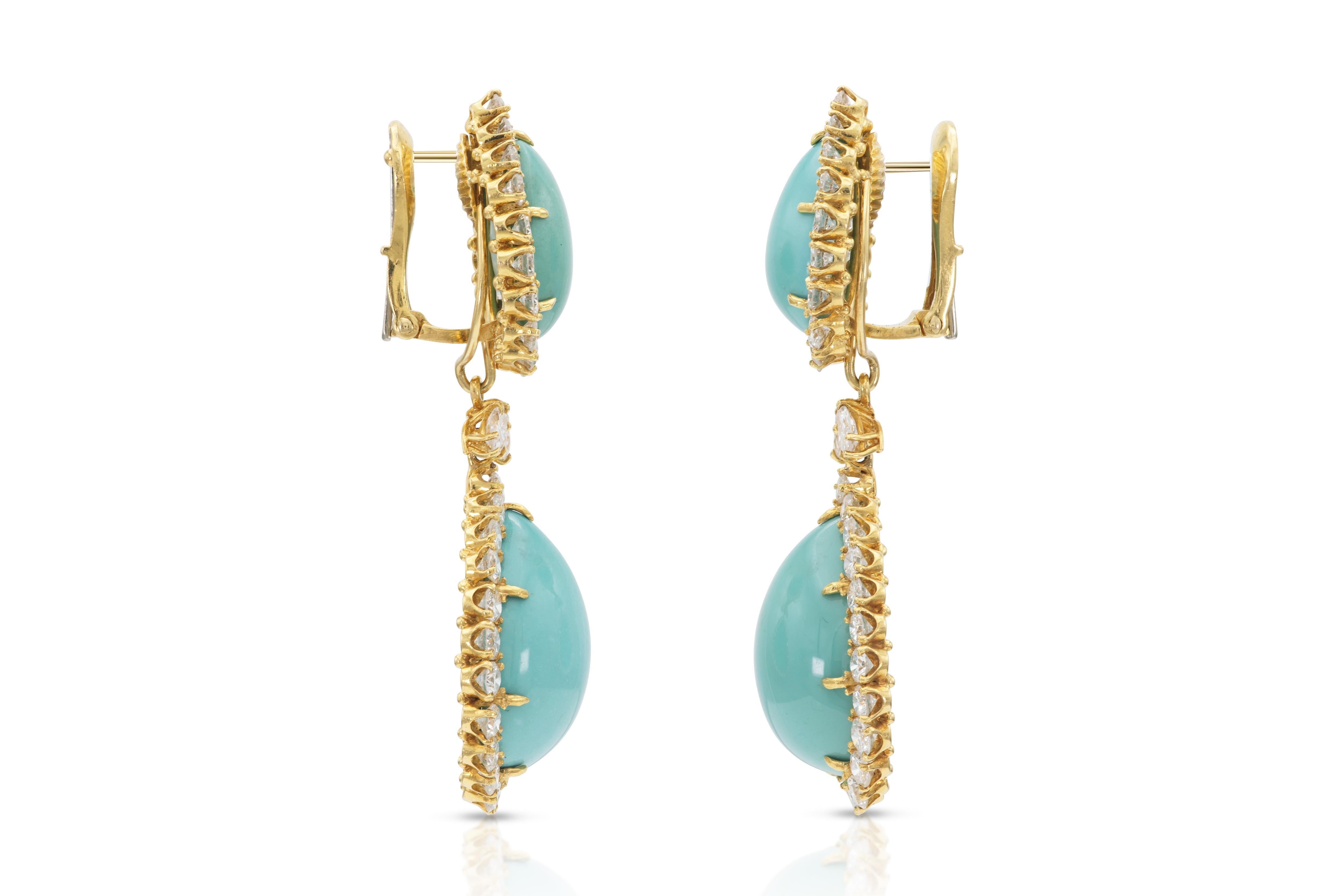 Mixed Cut Vintage 1970s David Webb Turquoise and Diamond Detachable Dangle Earrings For Sale