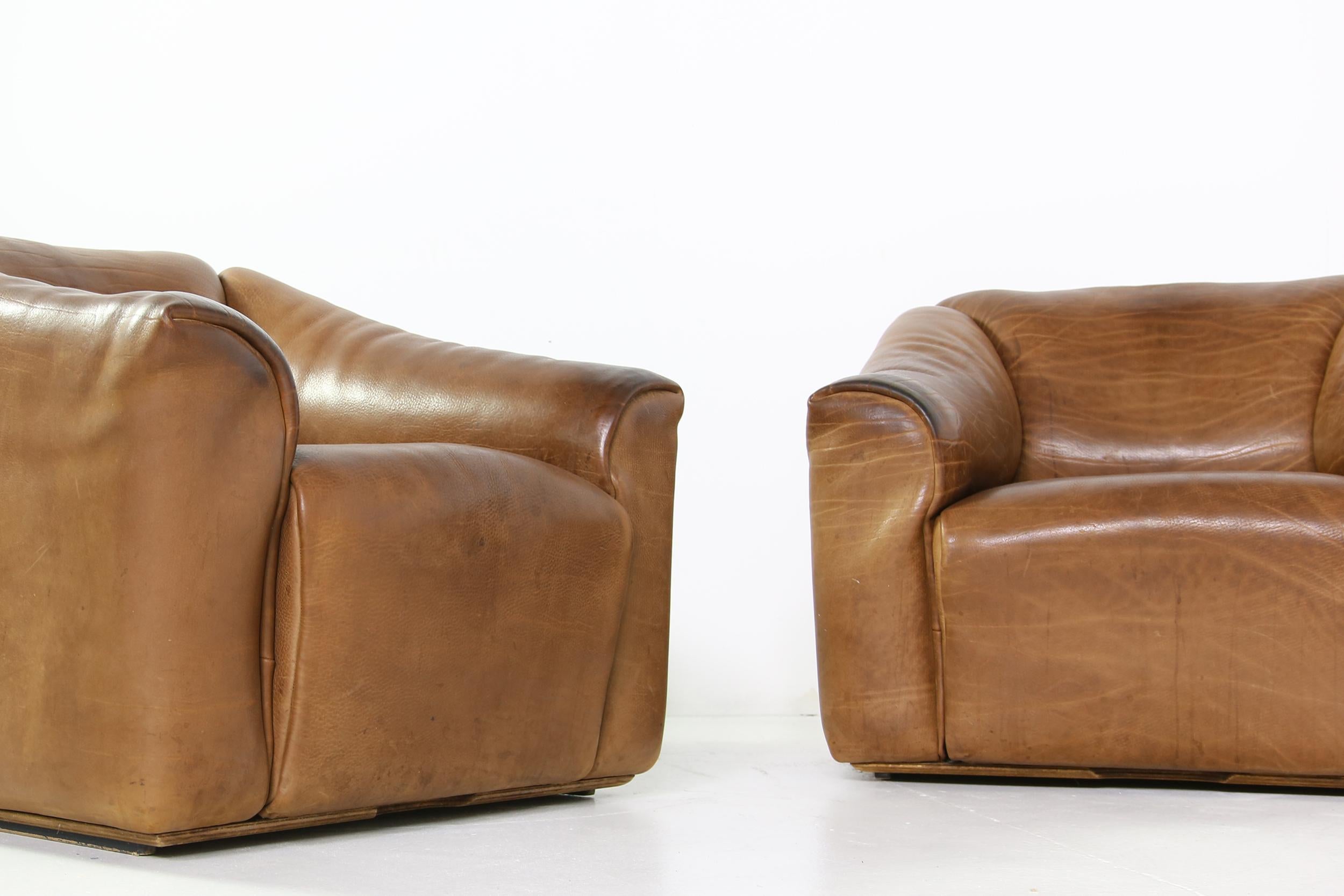 Vintage 1970s De Sede DS 47 Brown Buffalo Leather Sofa & Lounge Chair Set Cognac 2