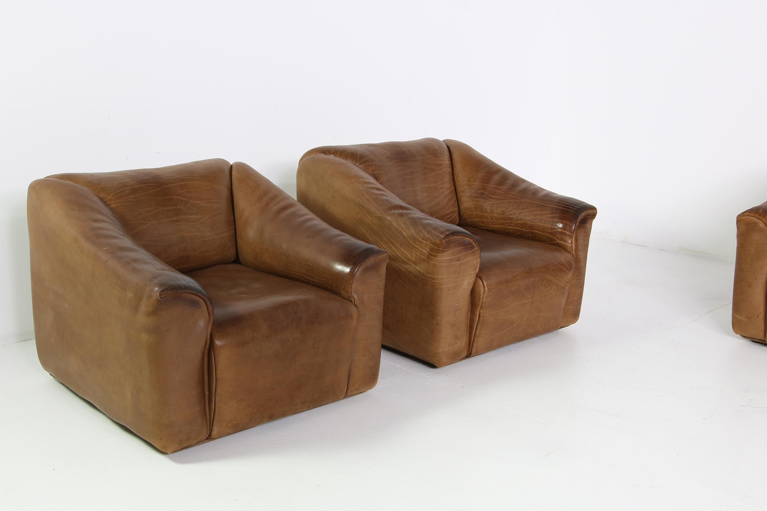 Vintage 1970s De Sede DS 47 Brown Buffalo Leather Sofa & Lounge Chair Set Cognac 5