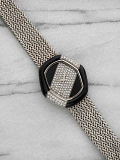 Vintage 1970s DeLaneau 18K WG Manual Onyx & Pave Diamond Dial 33 mm