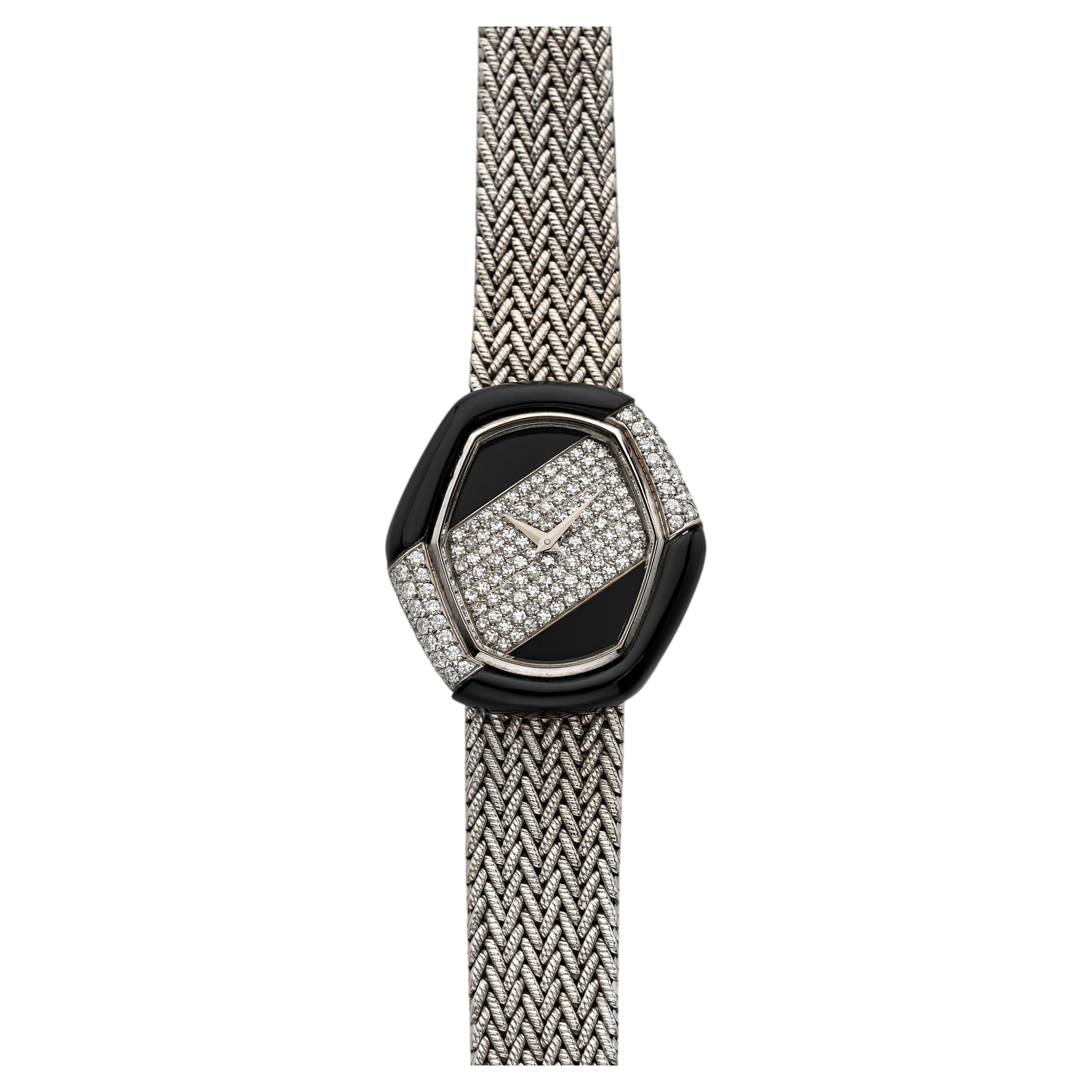 Vintage 1970s DeLaneau 18K WG Manual Onyx & Pave Diamond Dial 33 mm For Sale