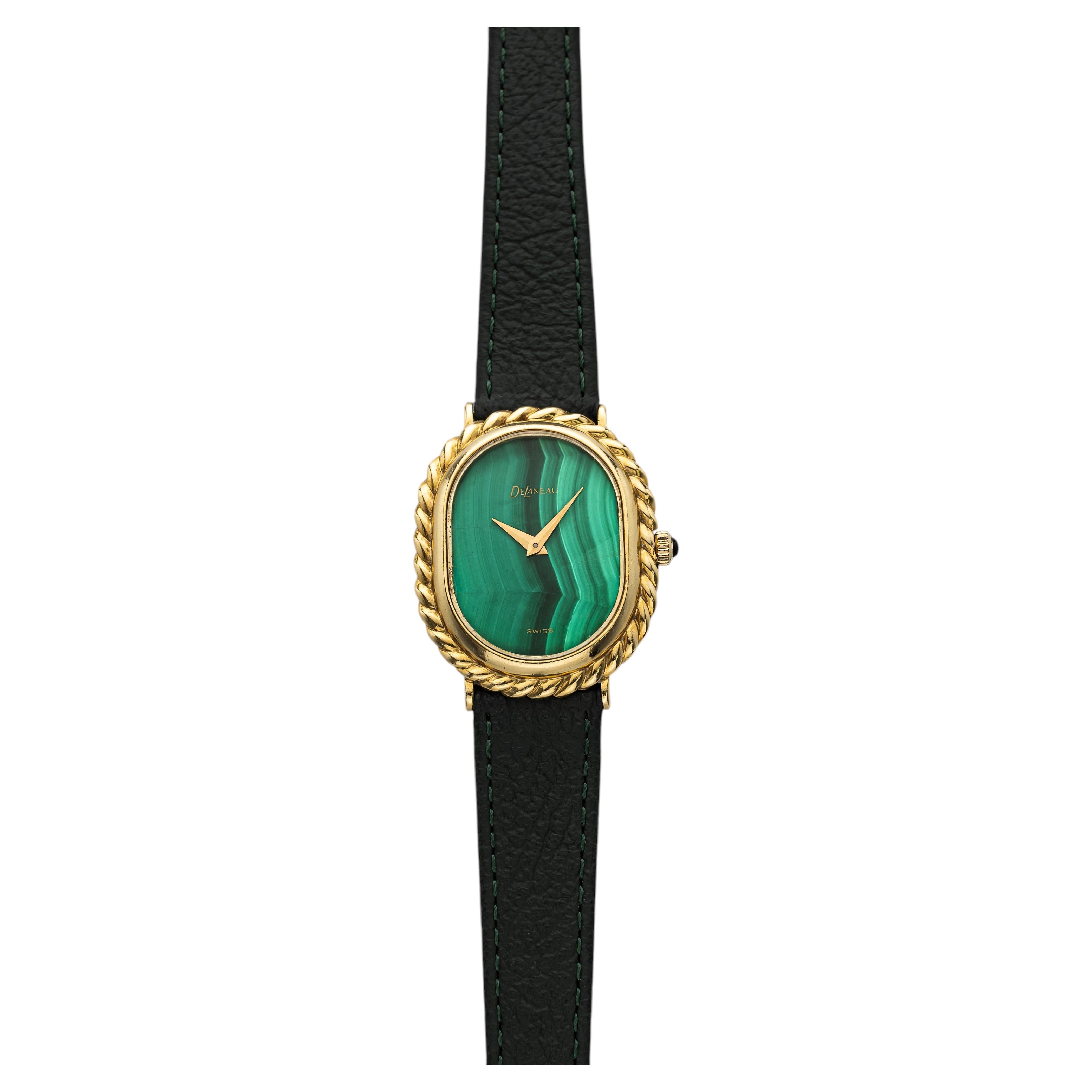 Vintage 1970s DeLaneu Ellipse 1645v101 18K YG Malachite Dial Manual 27 mm For Sale