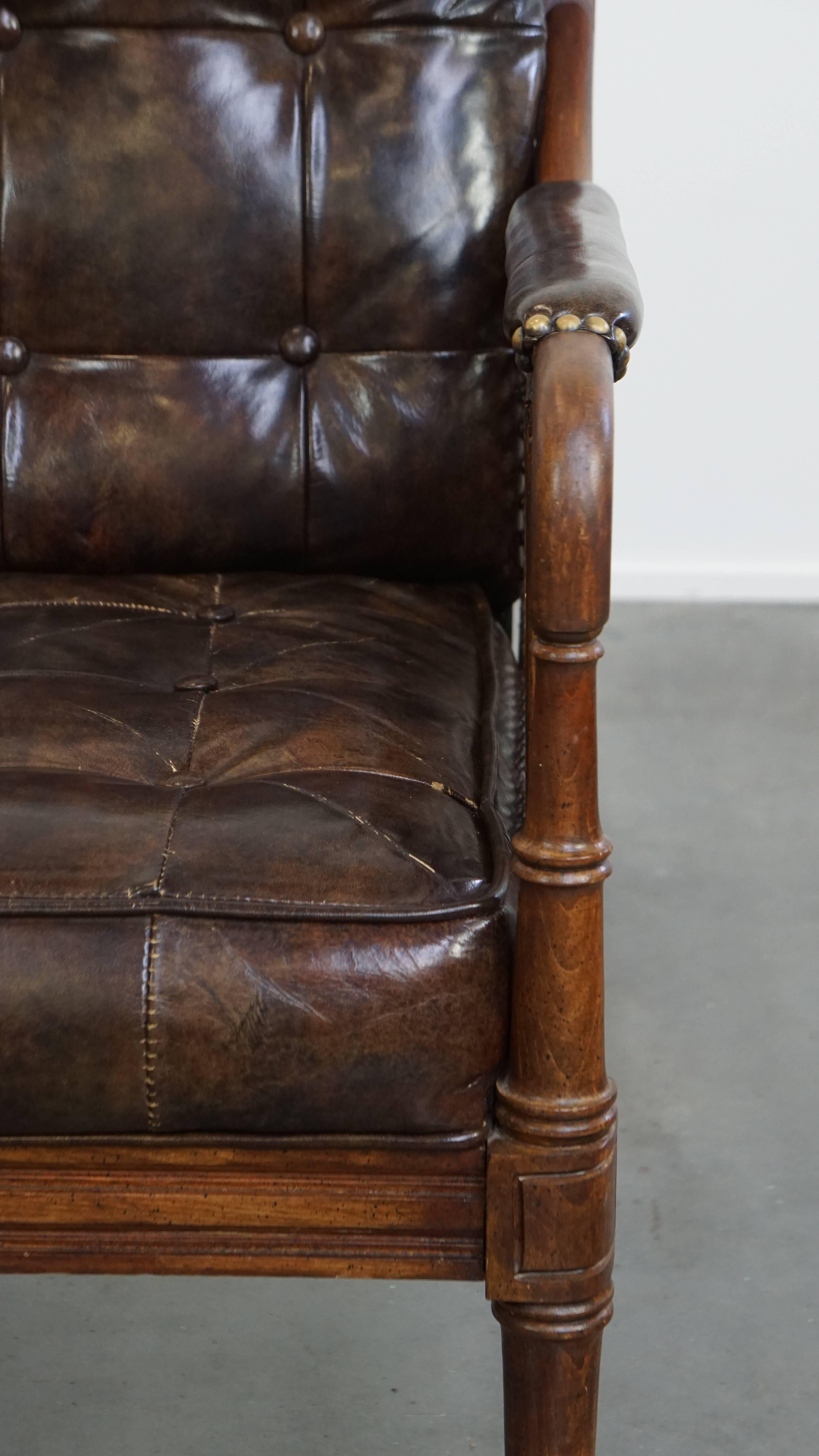 Vintage 1970s Design Armchair Made of Wood, Leather, and Webbing For Sale 5