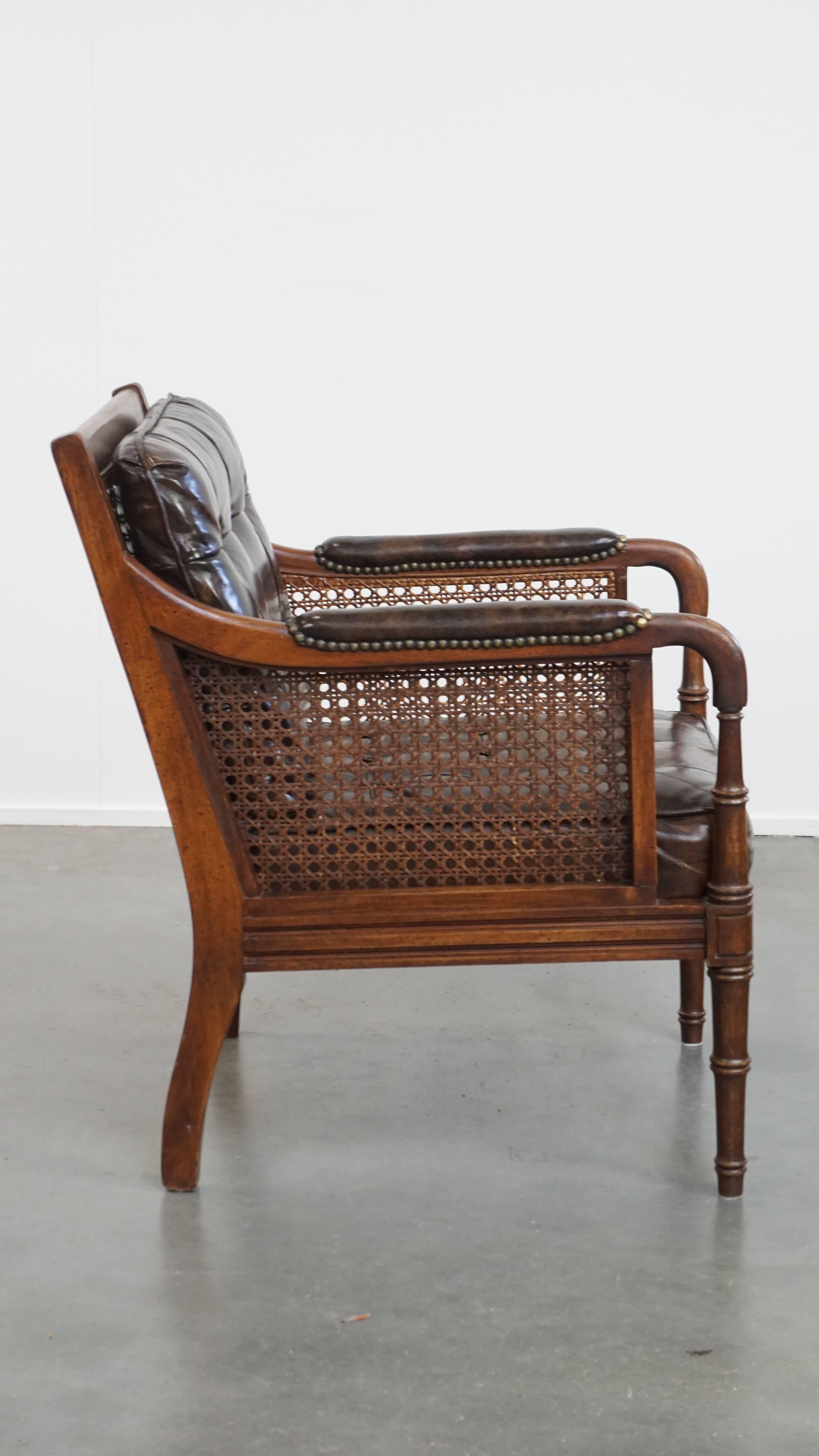 Classical Roman Vintage 1970s Design Armchair Made of Wood, Leather, and Webbing For Sale