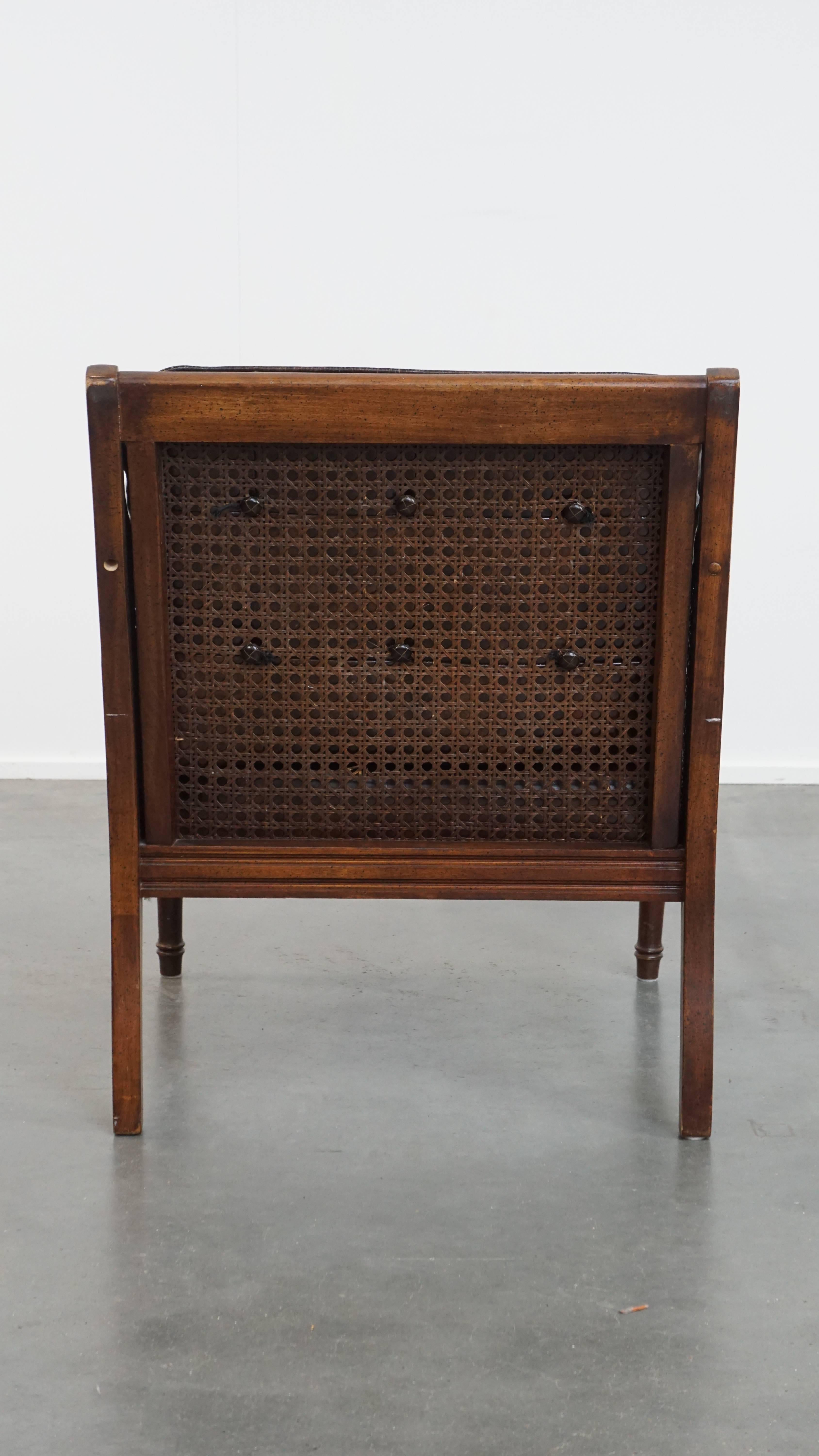 Hand-Crafted Vintage 1970s Design Armchair Made of Wood, Leather, and Webbing For Sale