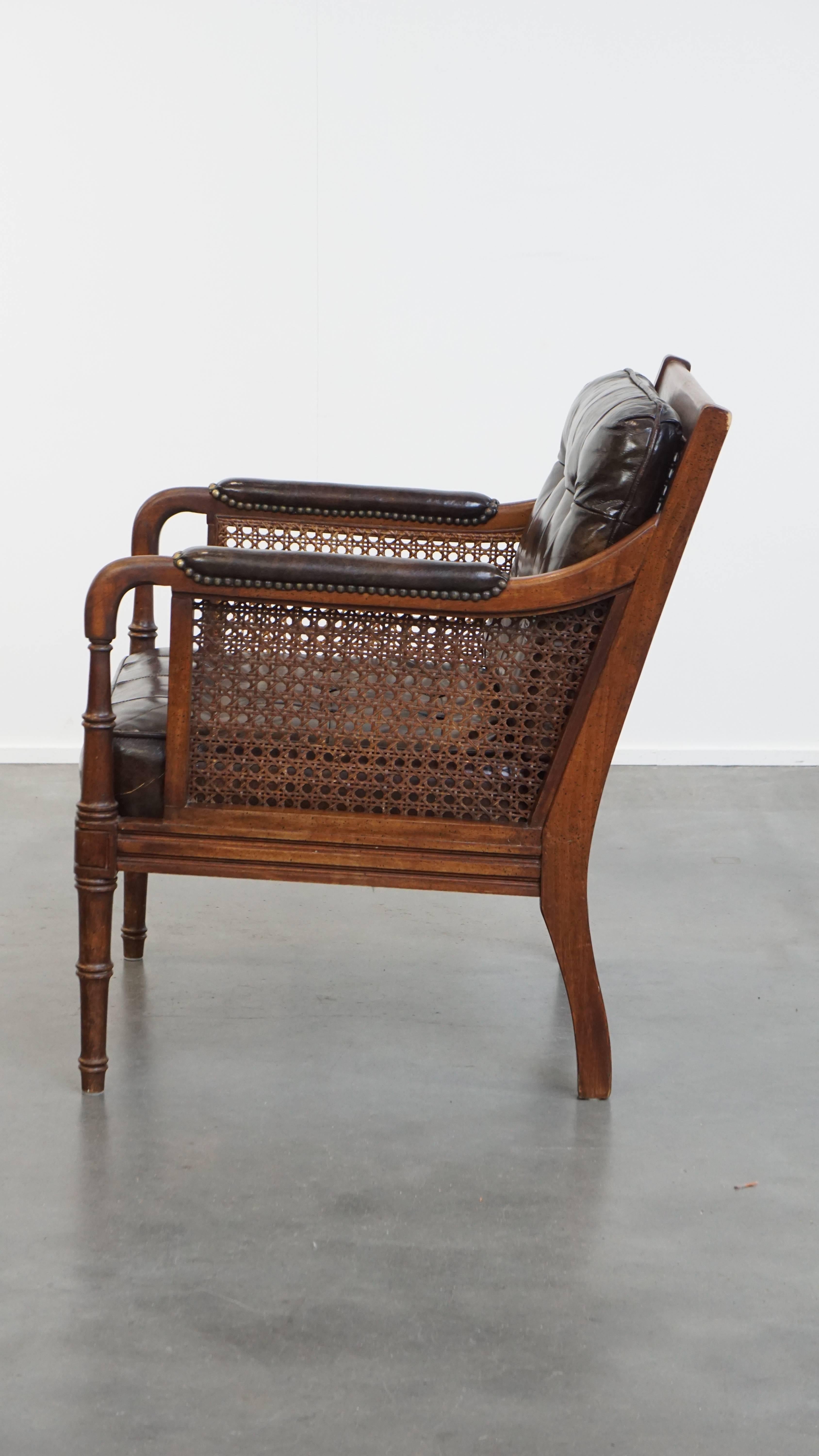 Vintage 1970s Design Armchair Made of Wood, Leather, and Webbing In Fair Condition For Sale In Harderwijk, NL