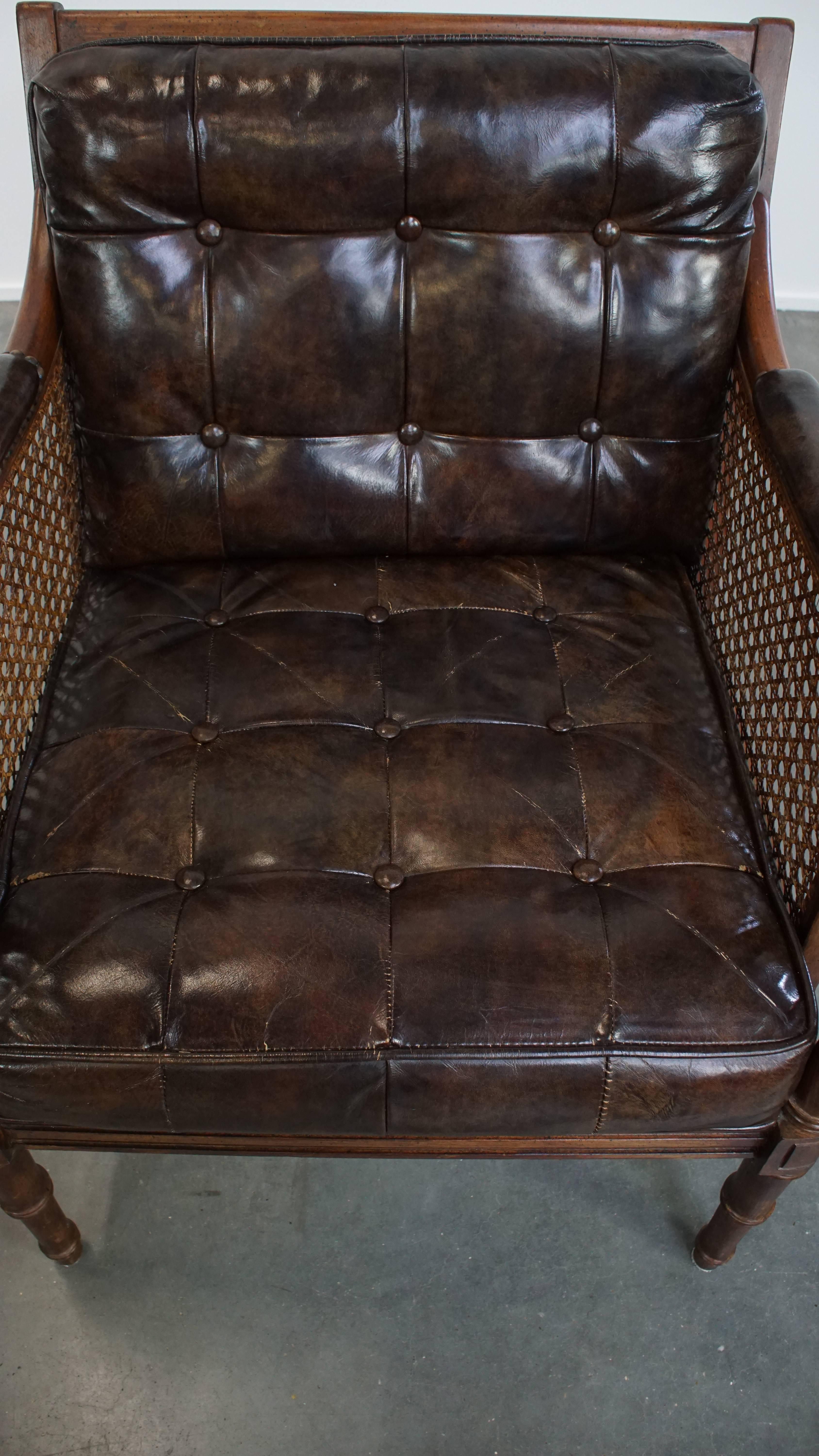 20th Century Vintage 1970s Design Armchair Made of Wood, Leather, and Webbing For Sale