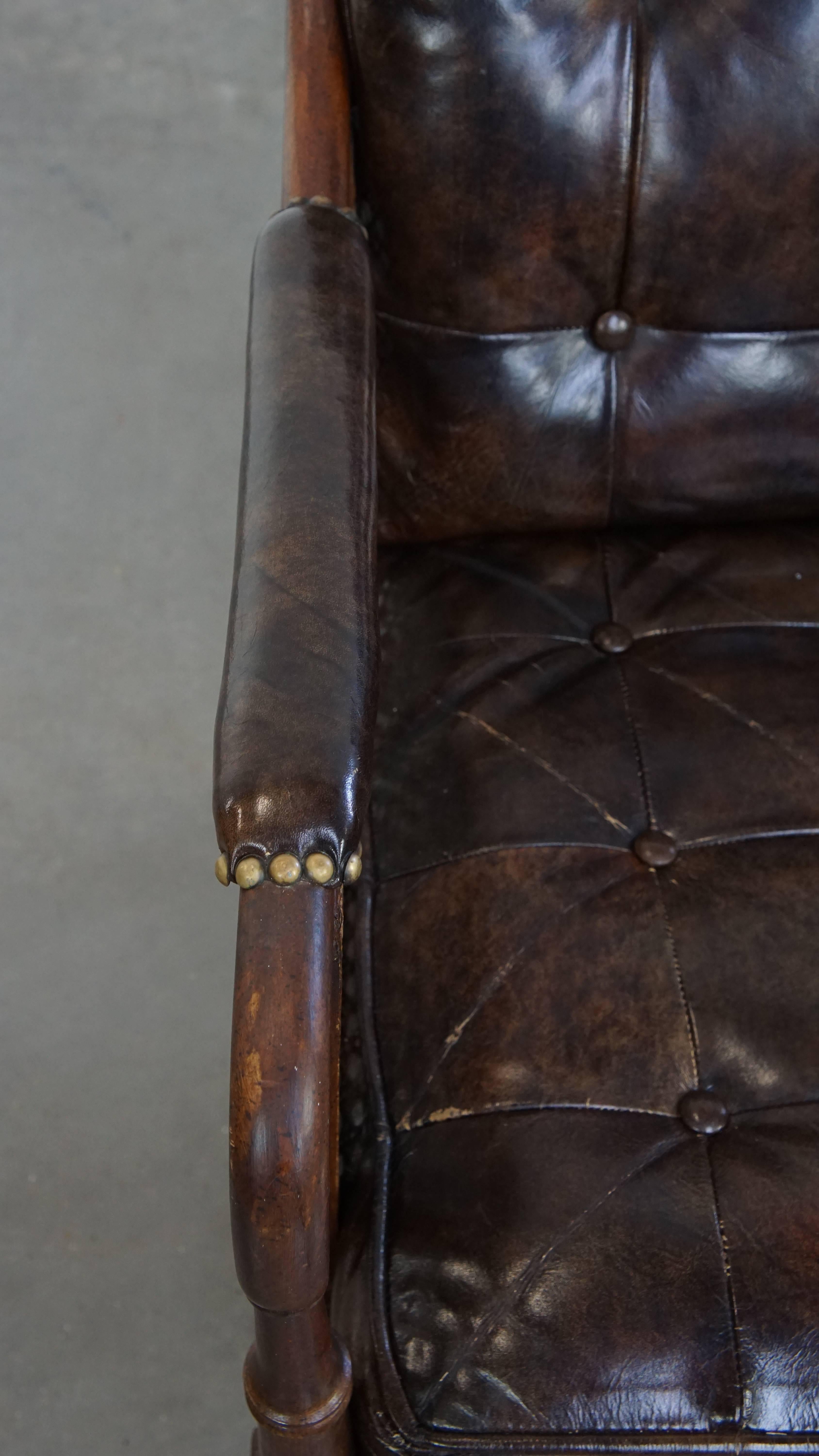Vintage 1970s Design Armchair Made of Wood, Leather, and Webbing For Sale 1