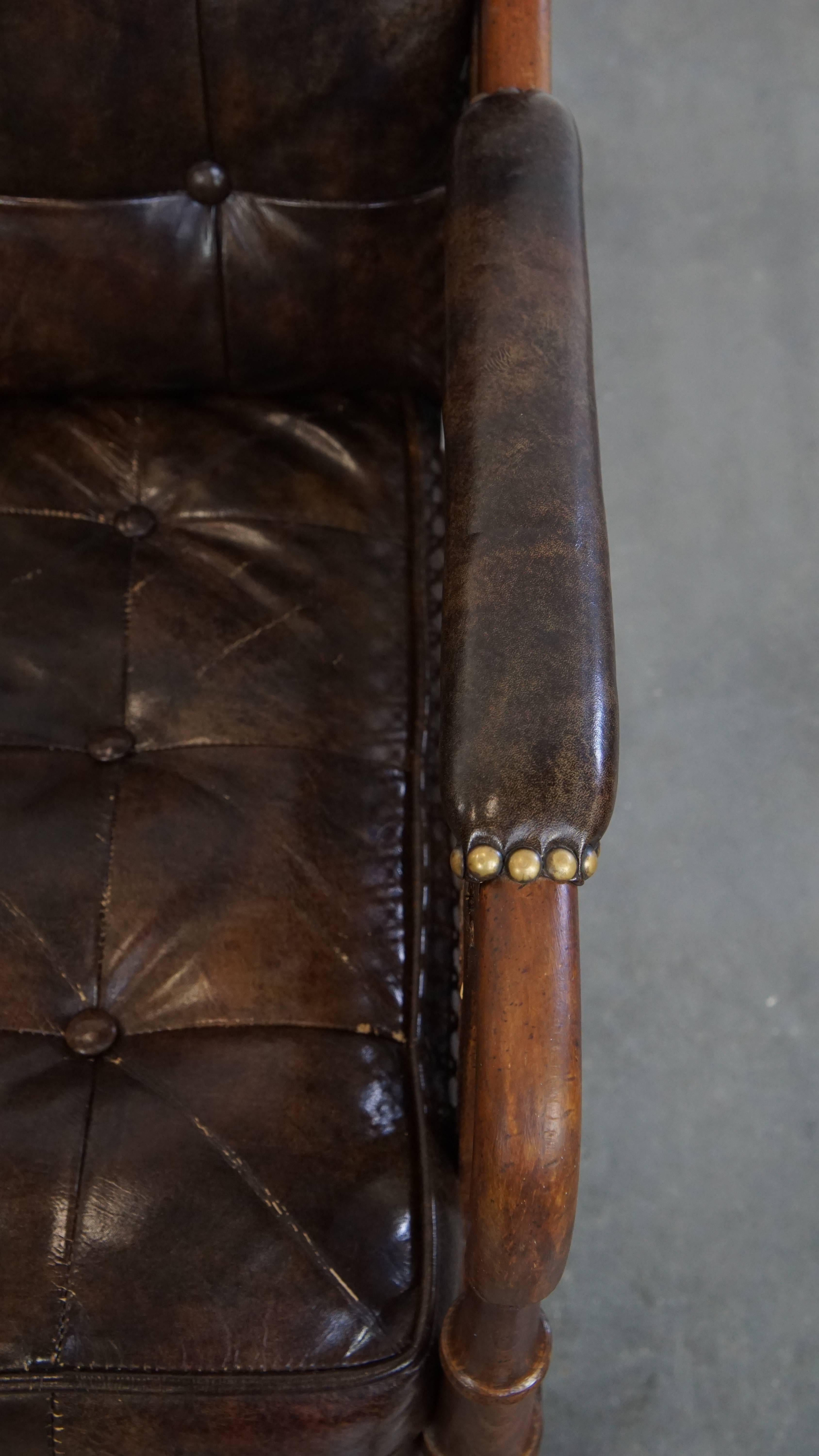 Vintage 1970s Design Armchair Made of Wood, Leather, and Webbing For Sale 2