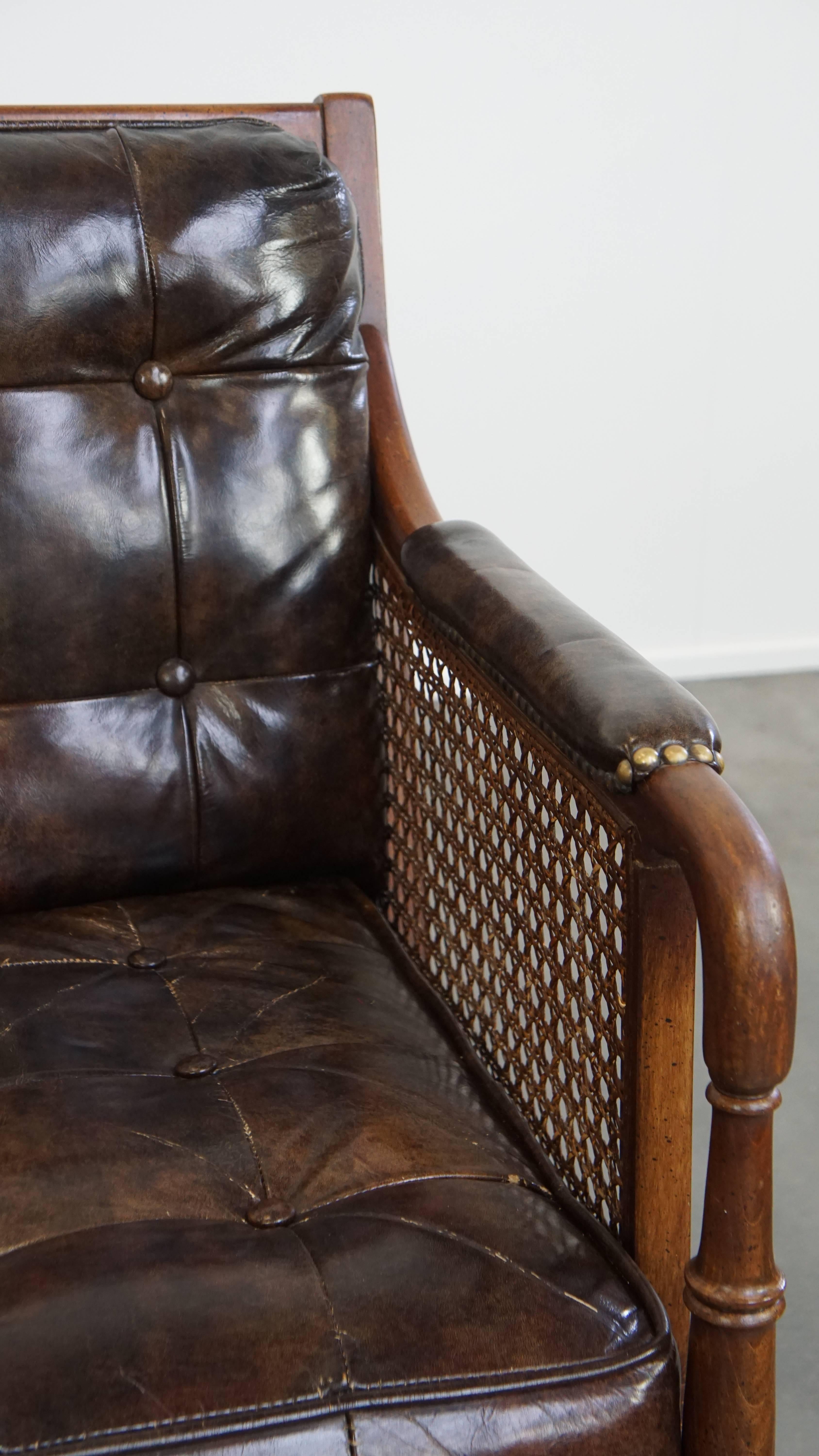 Vintage 1970s Design Armchair Made of Wood, Leather, and Webbing For Sale 3
