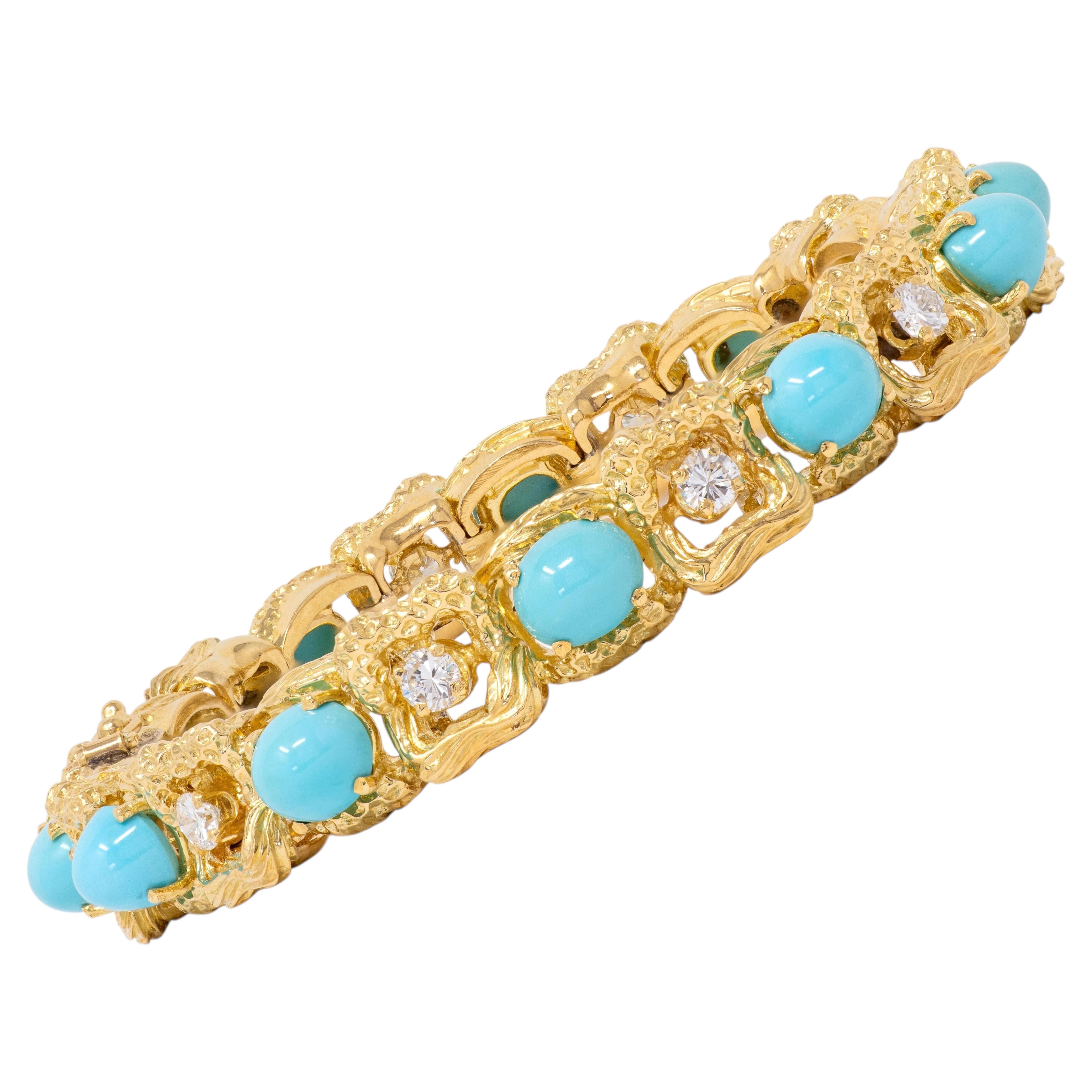 Bracciale vintage degli anni '70 con maglie in oro giallo 18 carati, con diamanti e turchesi