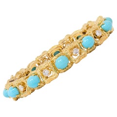 Vintage 1970's Diamond Turquoise 18 Karat Yellow Gold Link Bracelet