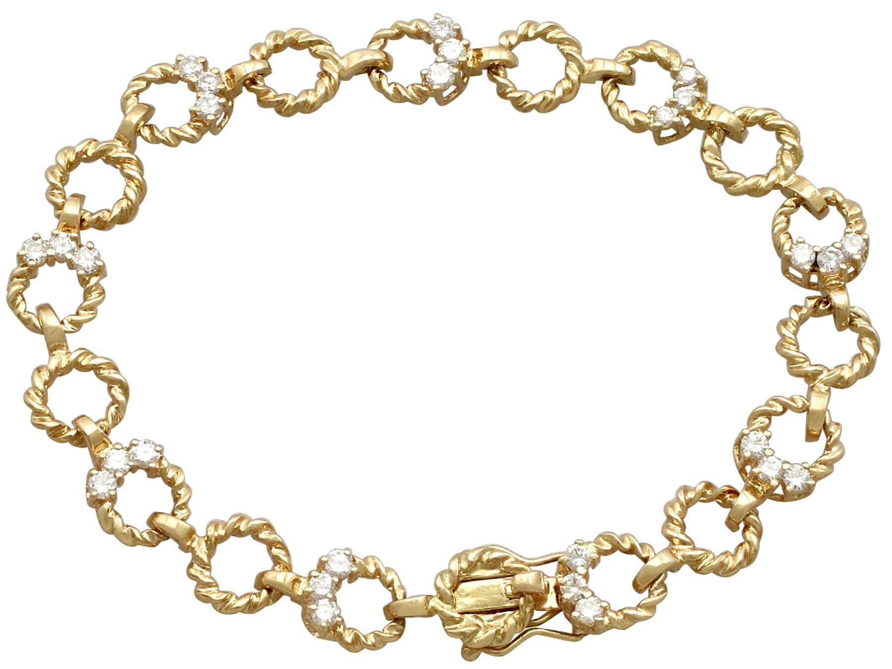 A fine and impressive vintage 0.81 Carat diamond and 18 karat yellow gold bracelet; part of our diverse vintage jewelry and estate jewelry collections.

This fine and impressive vintage diamond bracelet has been crafted in 18k yellow gold.

The