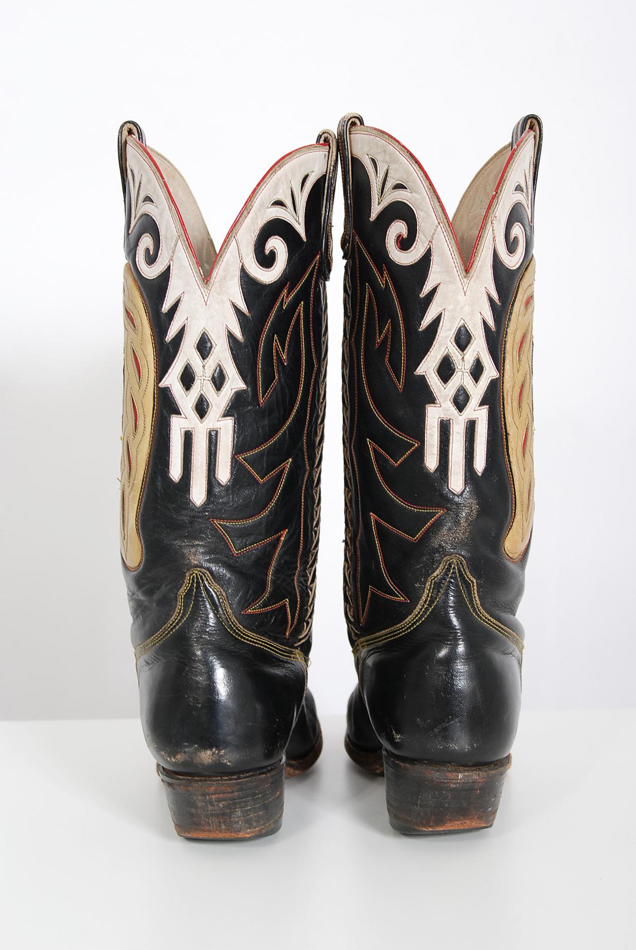 Vintage 1970's Don Quijote Neuheit Hufeisen Schwarz Leder Western Cowboy Stiefel 4