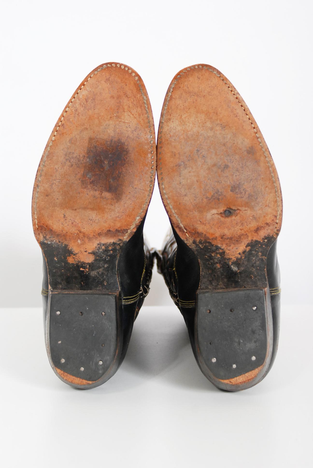 Vintage 1970's Don Quijote Novelty Horseshoe Black Leather Western Cowboy Boots 2