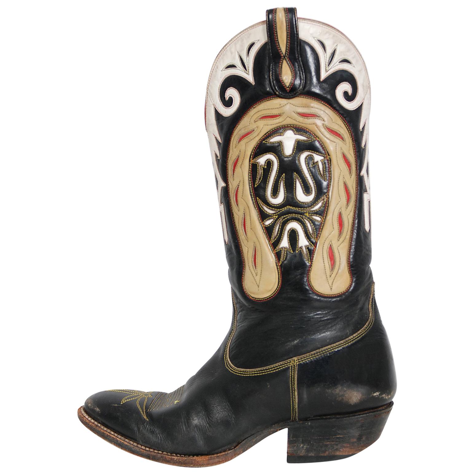 Vintage 1970's Don Quijote Neuheit Hufeisen Schwarz Leder Western Cowboy Stiefel