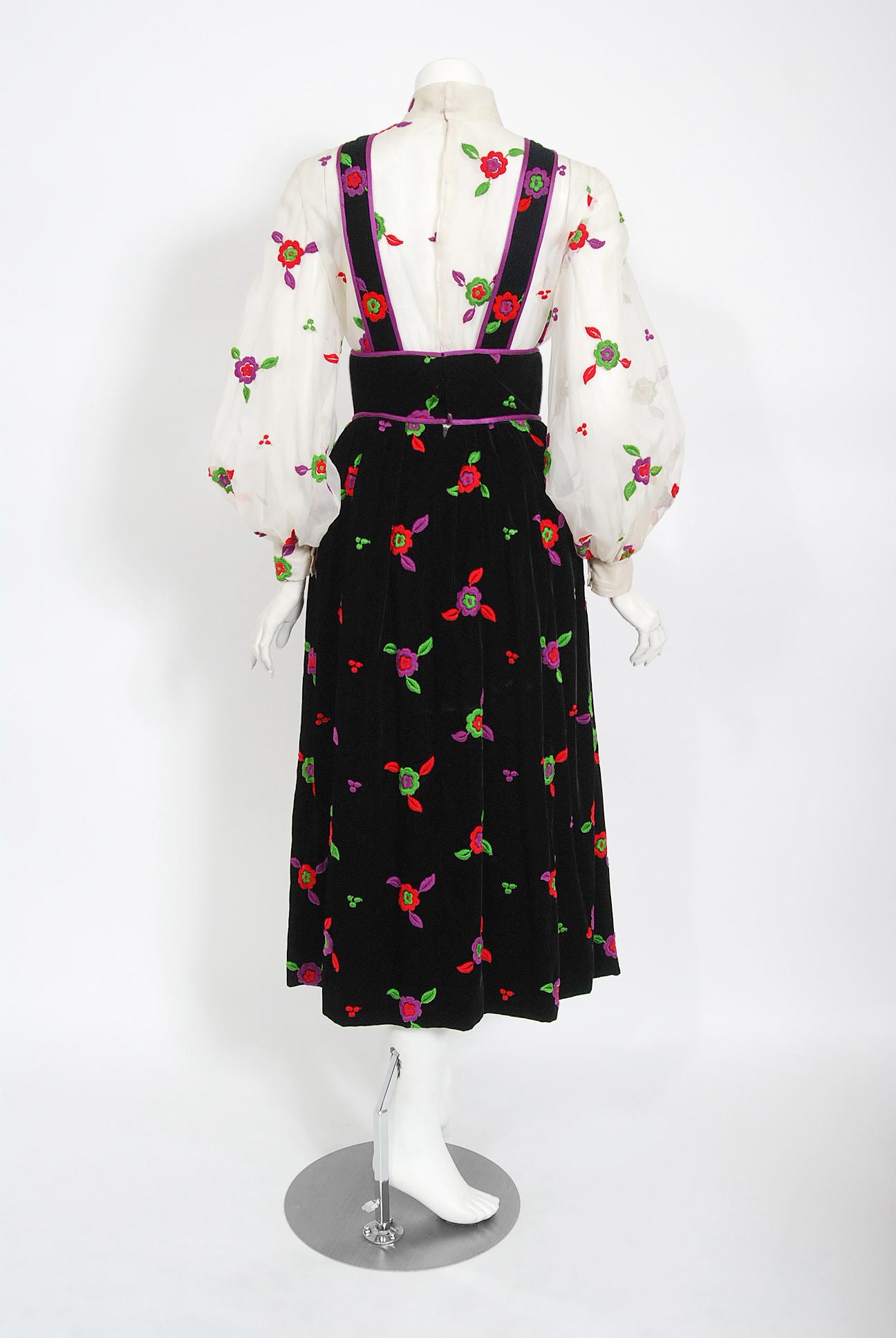 Vintage 1970's Donald Brooks Embroidered Silk Blouse & Velvet Pinafore Dress Set 4