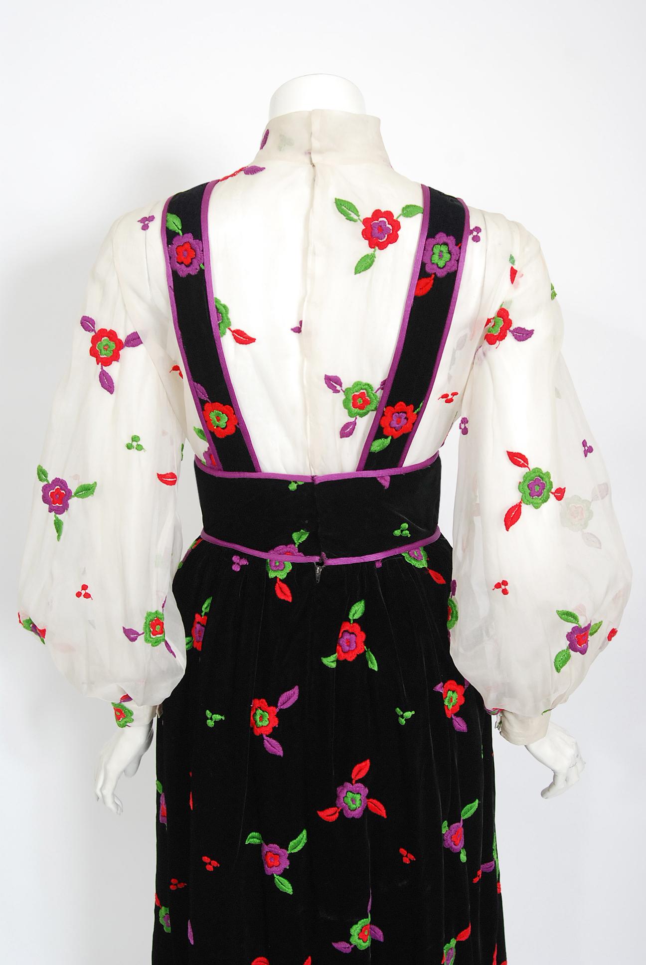 Vintage 1970's Donald Brooks Embroidered Silk Blouse & Velvet Pinafore Dress Set 5